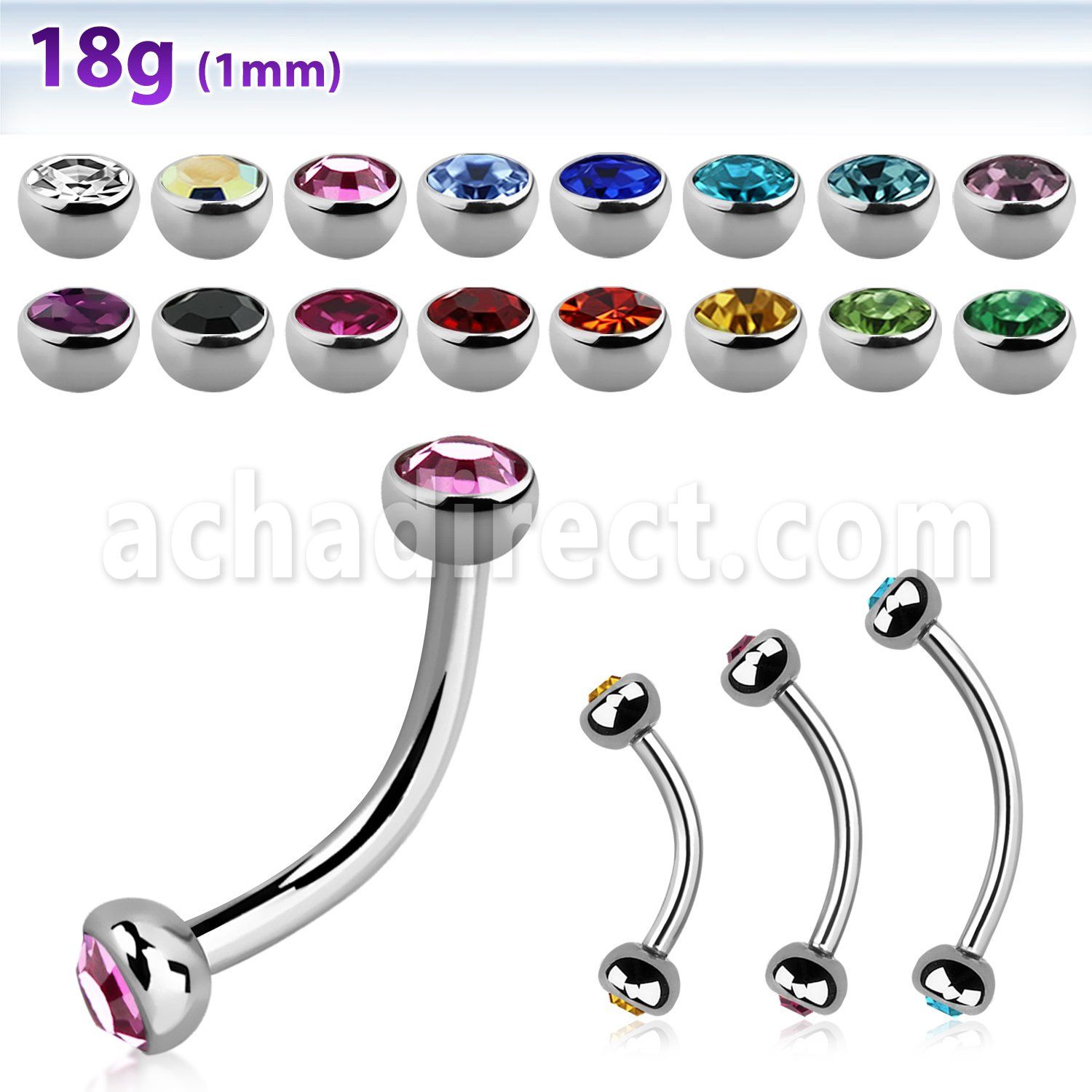 steel eyebrow banana 1mm w 3mm bezel set half jewel balls