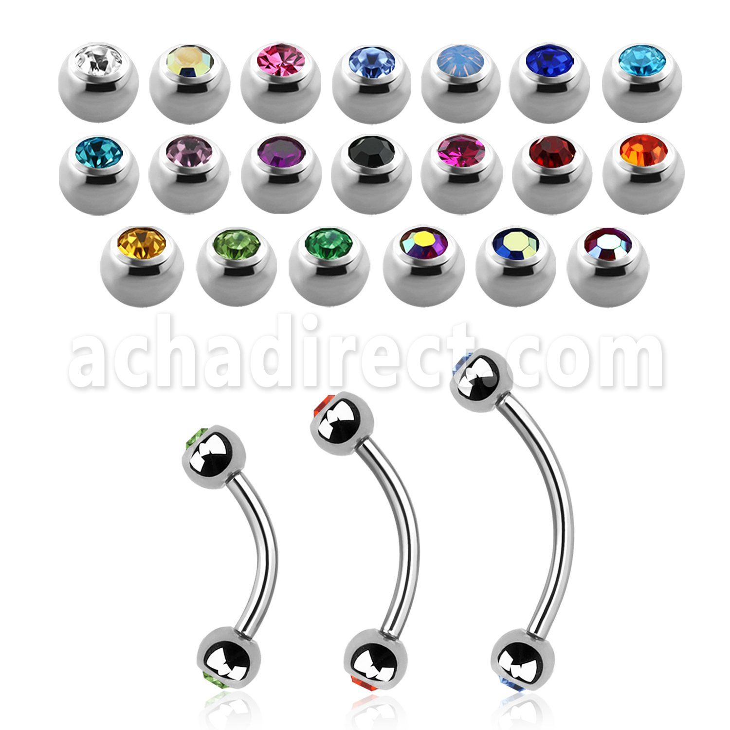 steel eyebrow banana 1mm w 3mm bezel set jewel balls