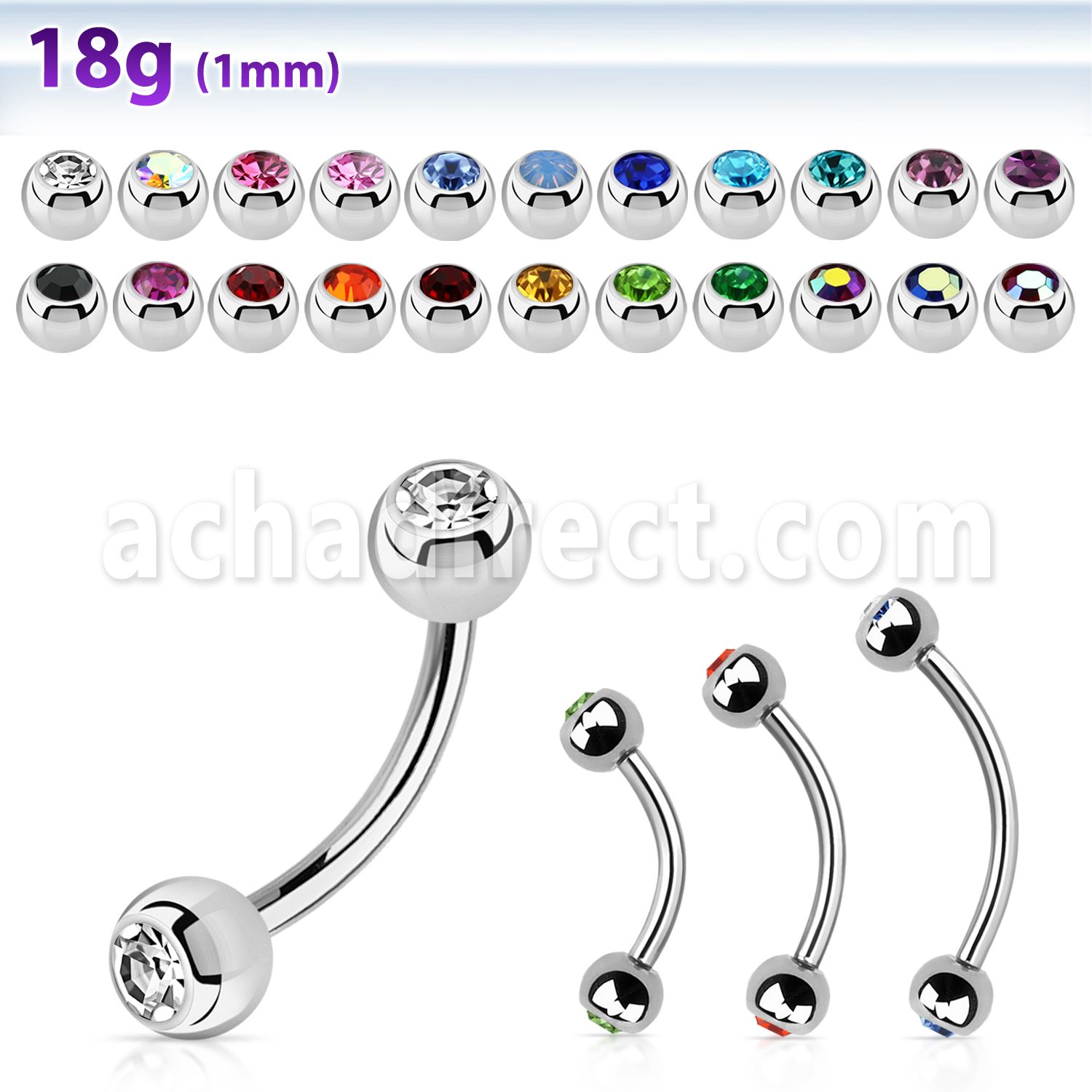 steel eyebrow banana 1mm w 3mm bezel set jewel balls