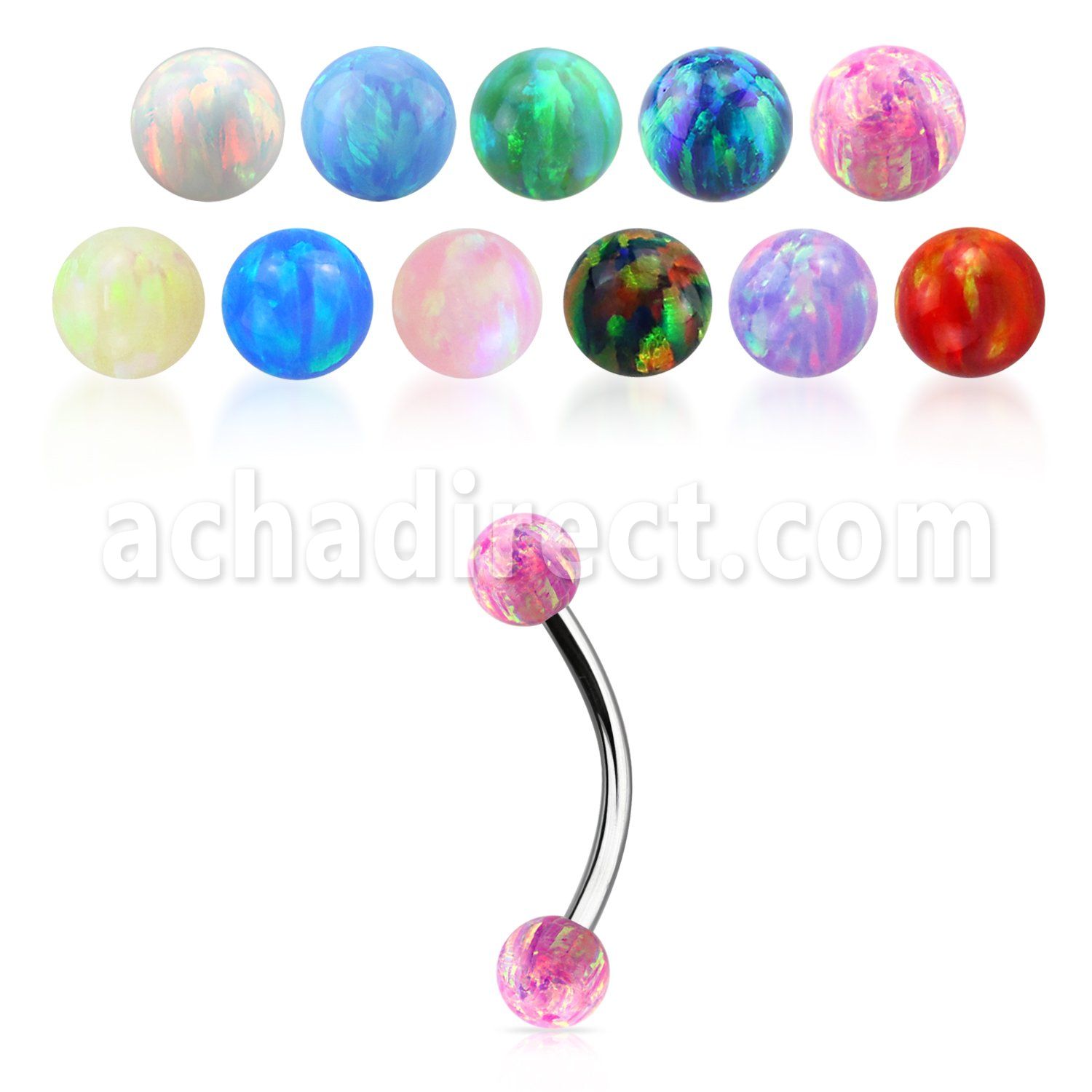 steel eyebrow banana 20g w two 3mm synthetic opal balls