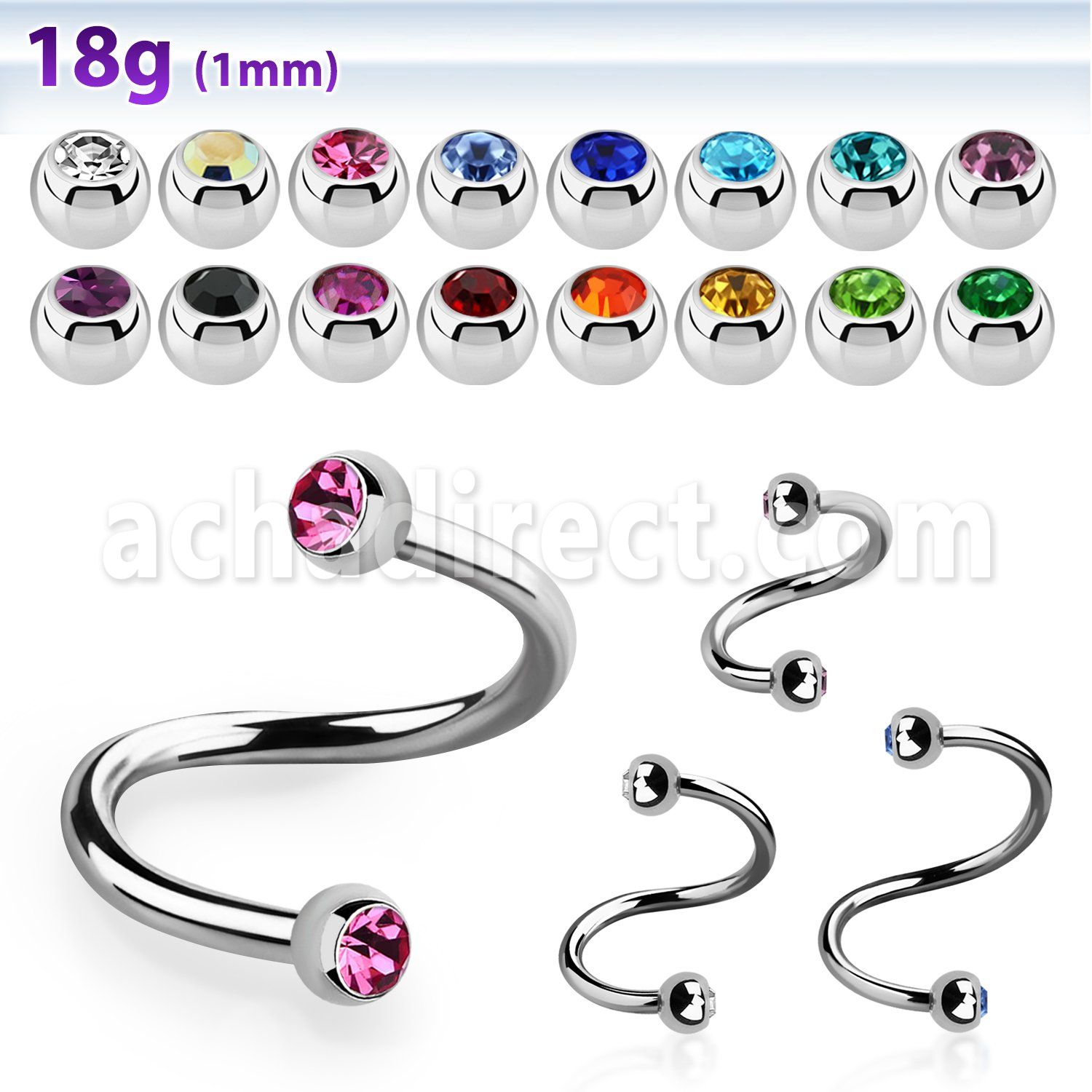 steel eyebrow spiral 1mm w 2.5mm bezel set jewel balls