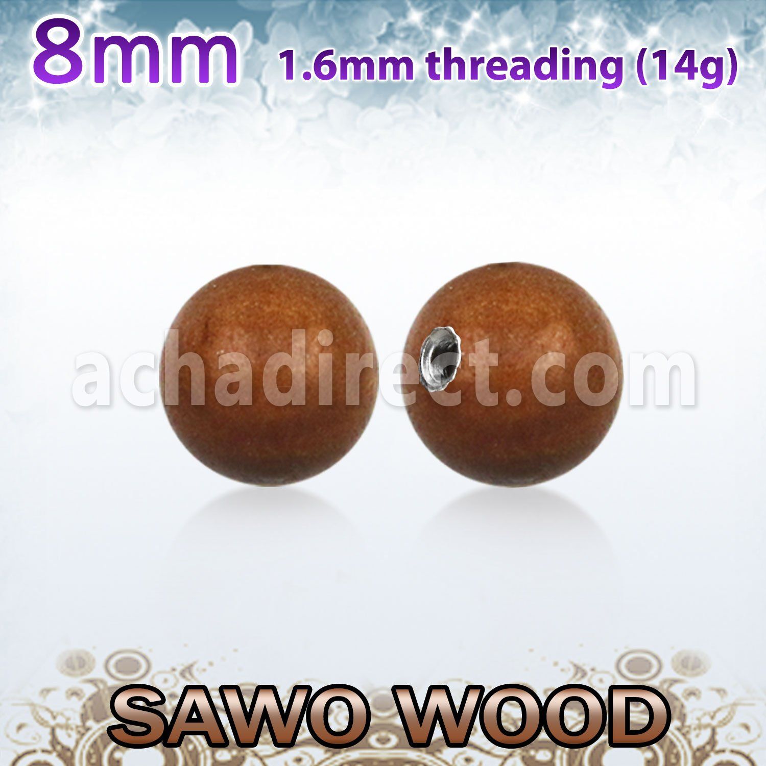 swball8 8mm sawo wood ball with a 316l steel 1.6mm threading