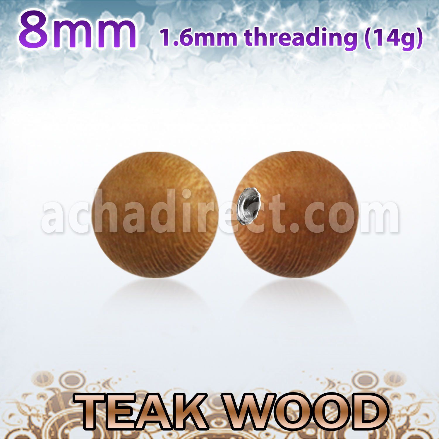 teball8 8mm teak wood ball with a 316l steel 1.6mm threading