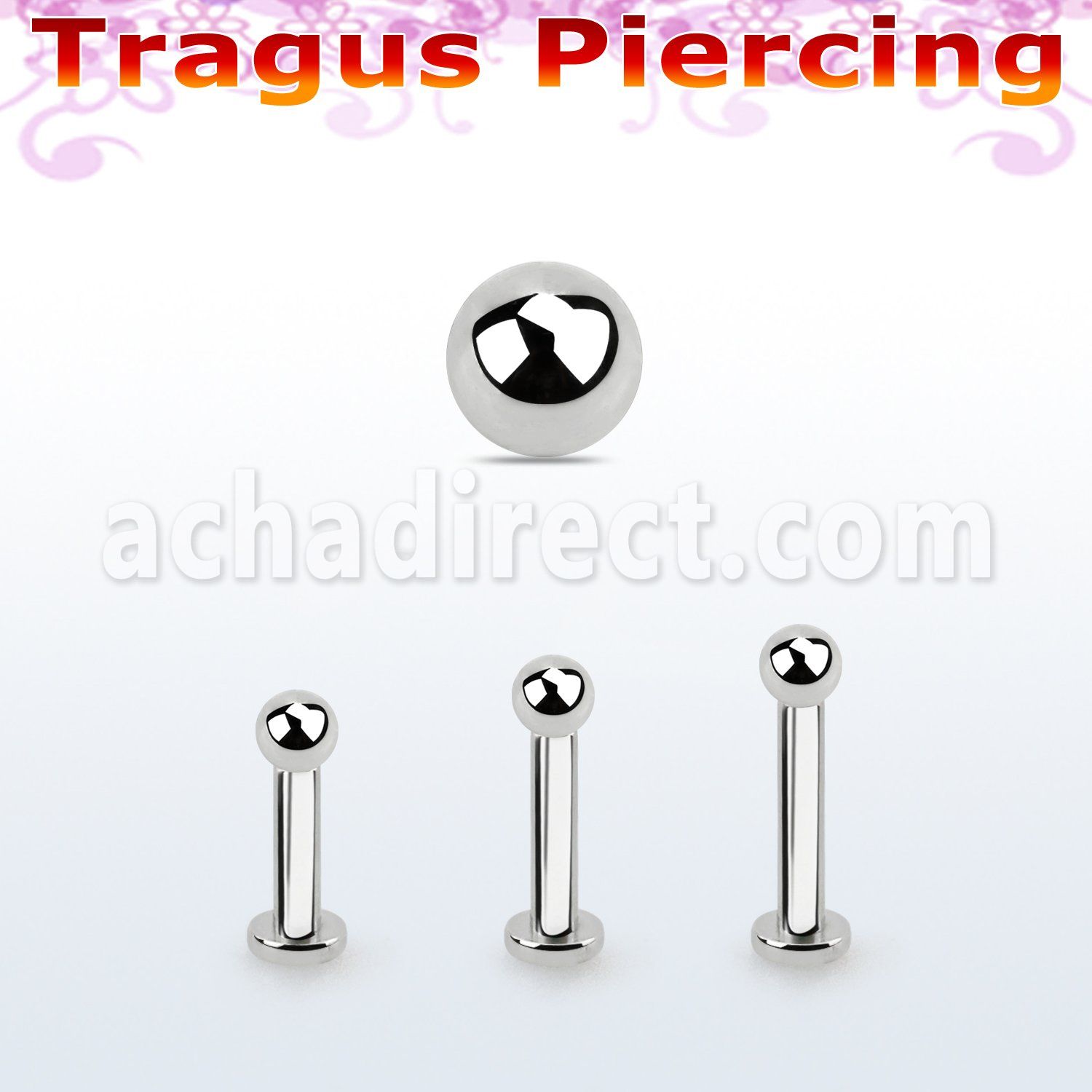 tlbb25 316l steel tragus labret 16g w a 2.5mm ball 
