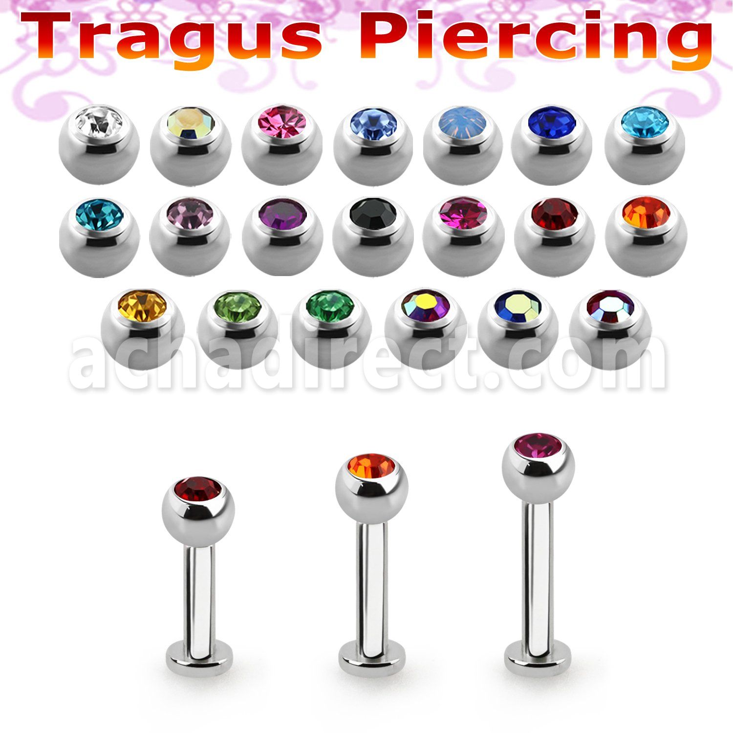 tlbc3 316l steel tragus labret 16g w 3mm bezel set jewel ball 