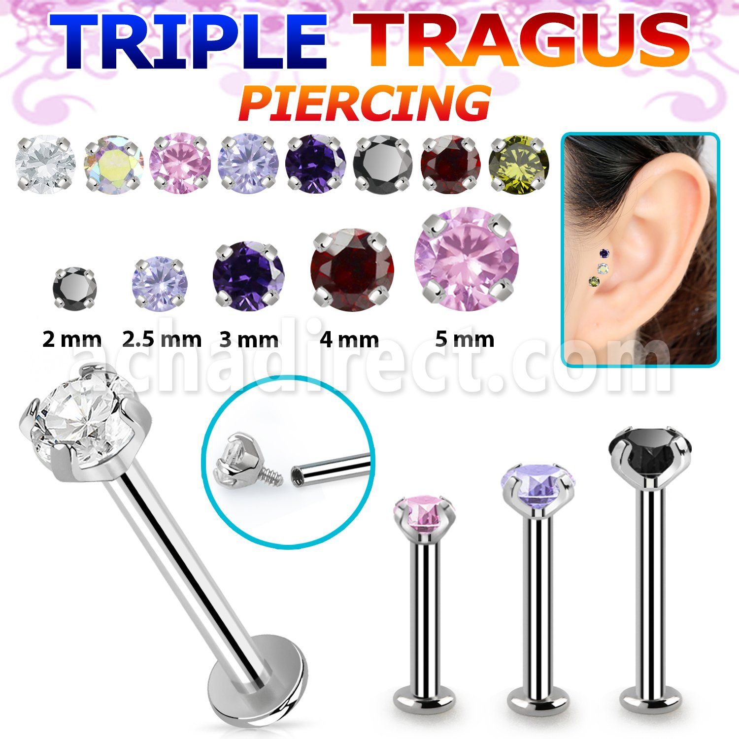 tlbczin 316l steel internal tragus labret w 2 5mm prong set cz