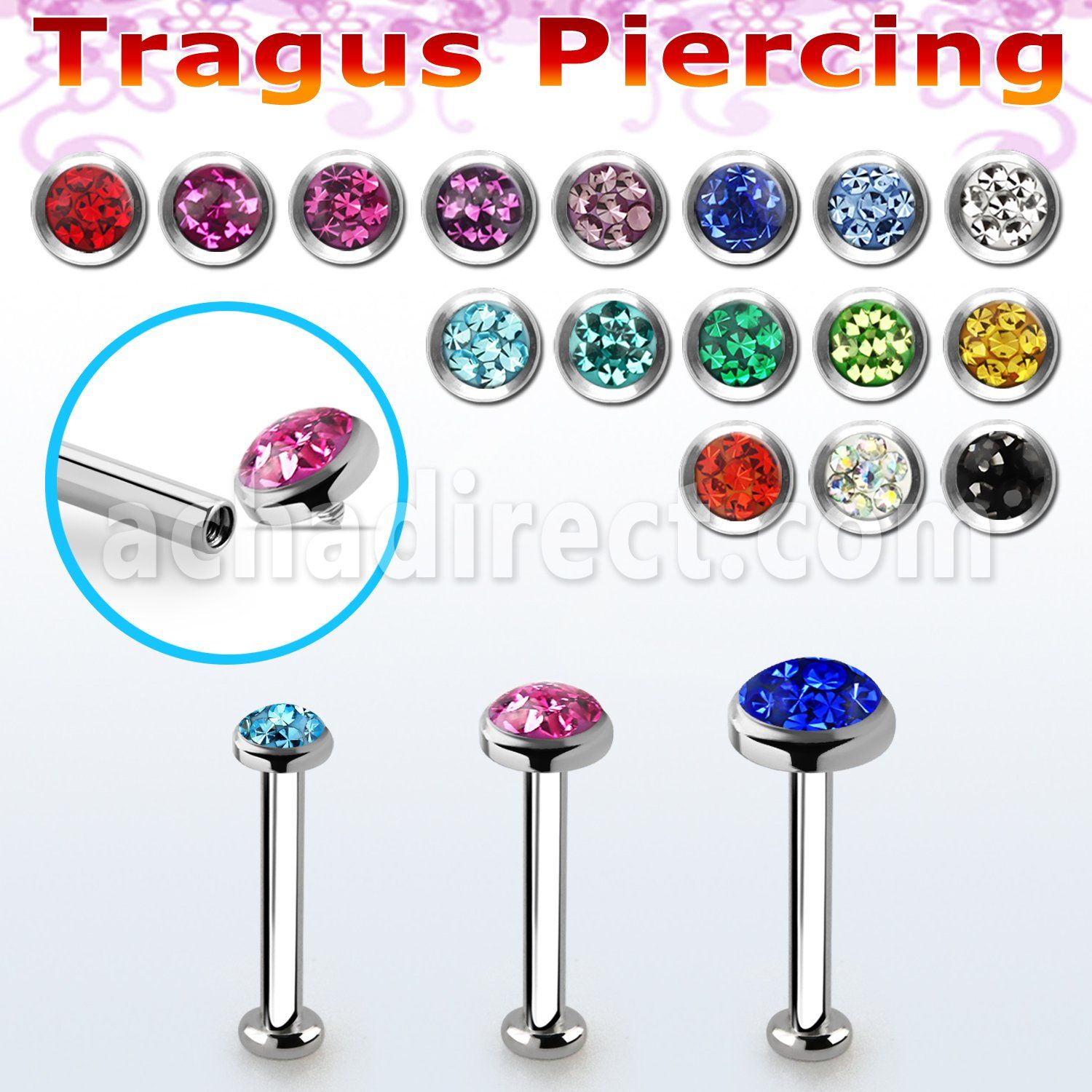 tlbifrc steel internal tragus labret w flat multi crystal top