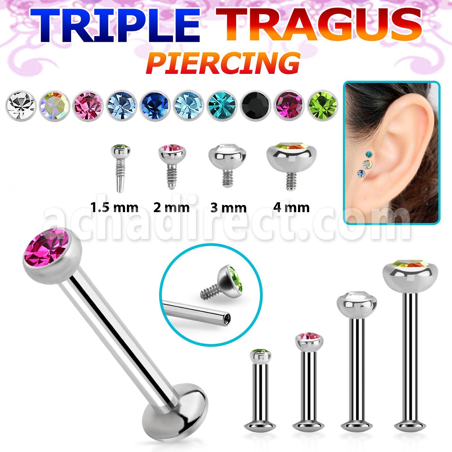 tlbirc steel internally threaded tragus labret jewel flat head