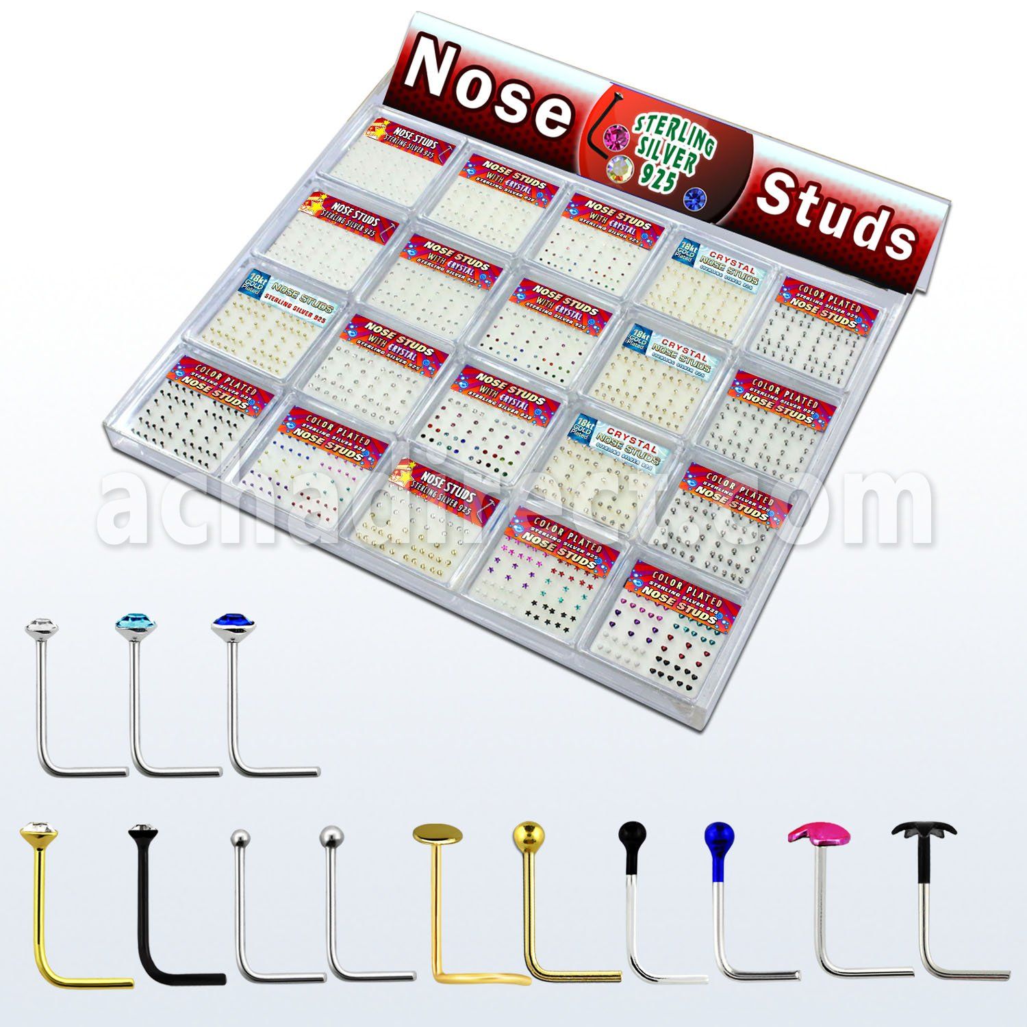 trans3 tray w 1040 pcs of silver nose studs w mix crystal tops