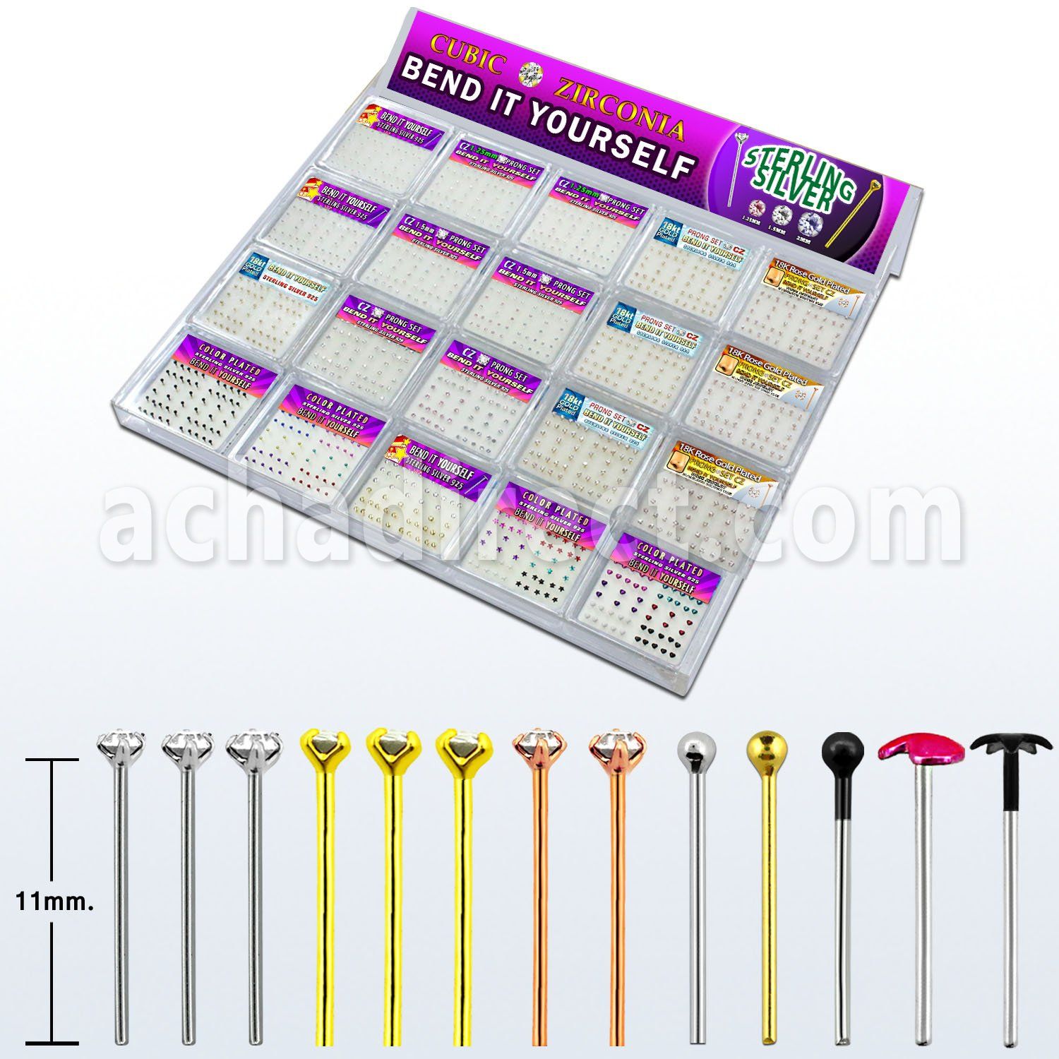trany2 tray w 1040 pcs of silver bend it nose studs w cz tops