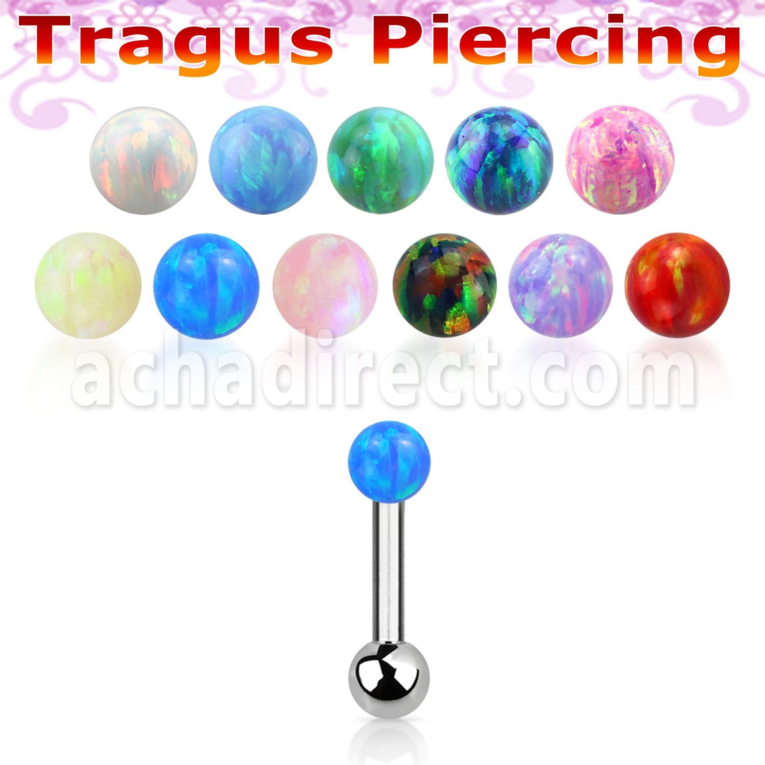 trg32 steel tragus piercing w 3mm synthetic opal top ball