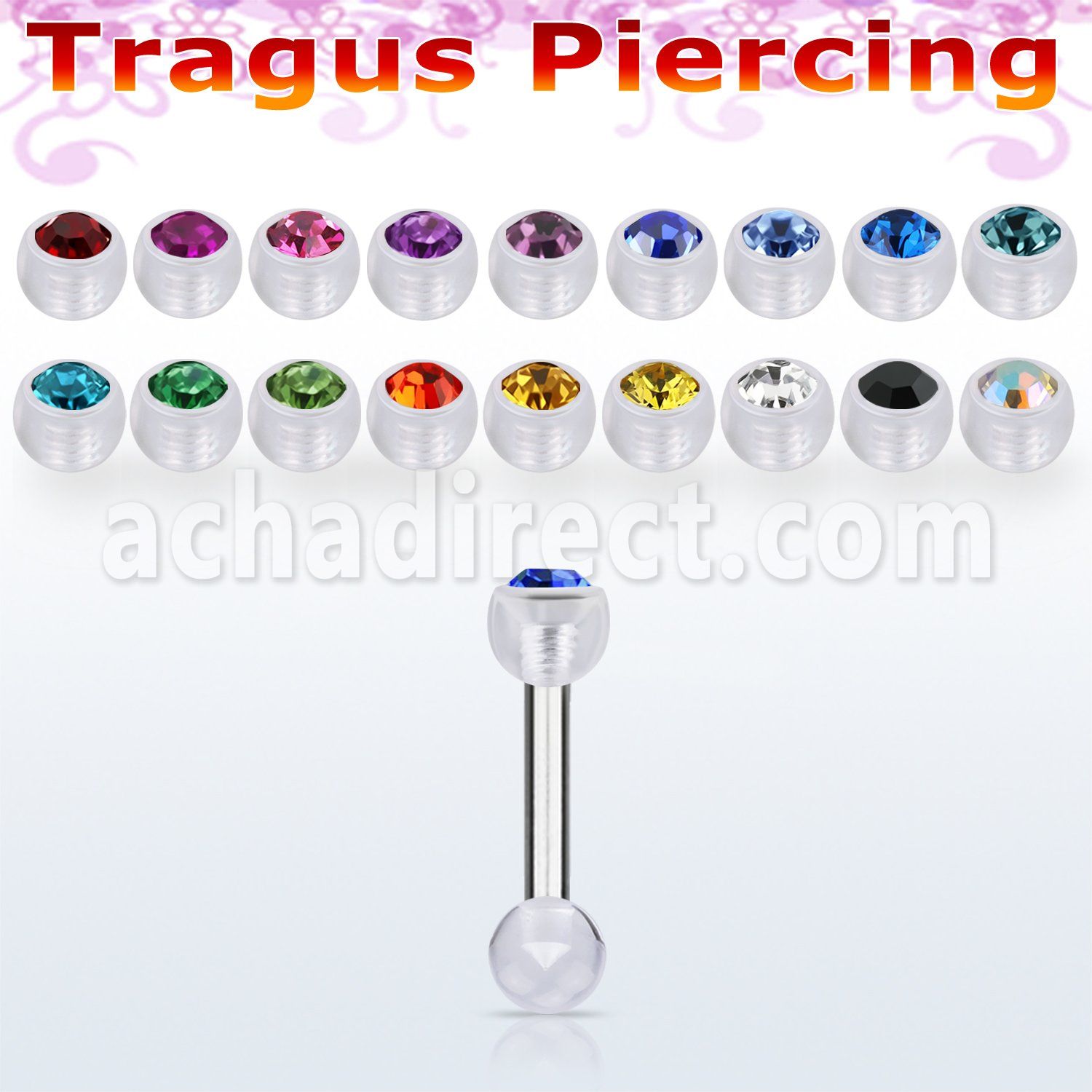 trg36 steel tragus barbell w a top 3mm crystal bio flex ball