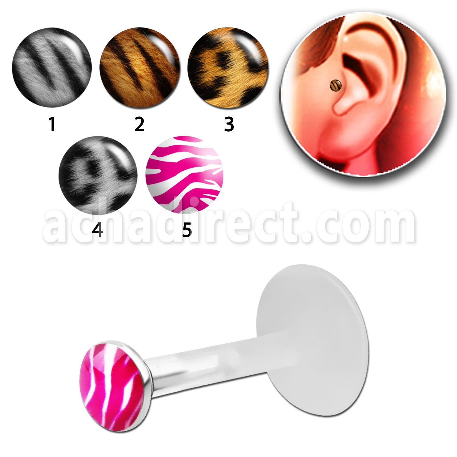trgl3 bioflex tragus piercing w 3mm animal print silver top