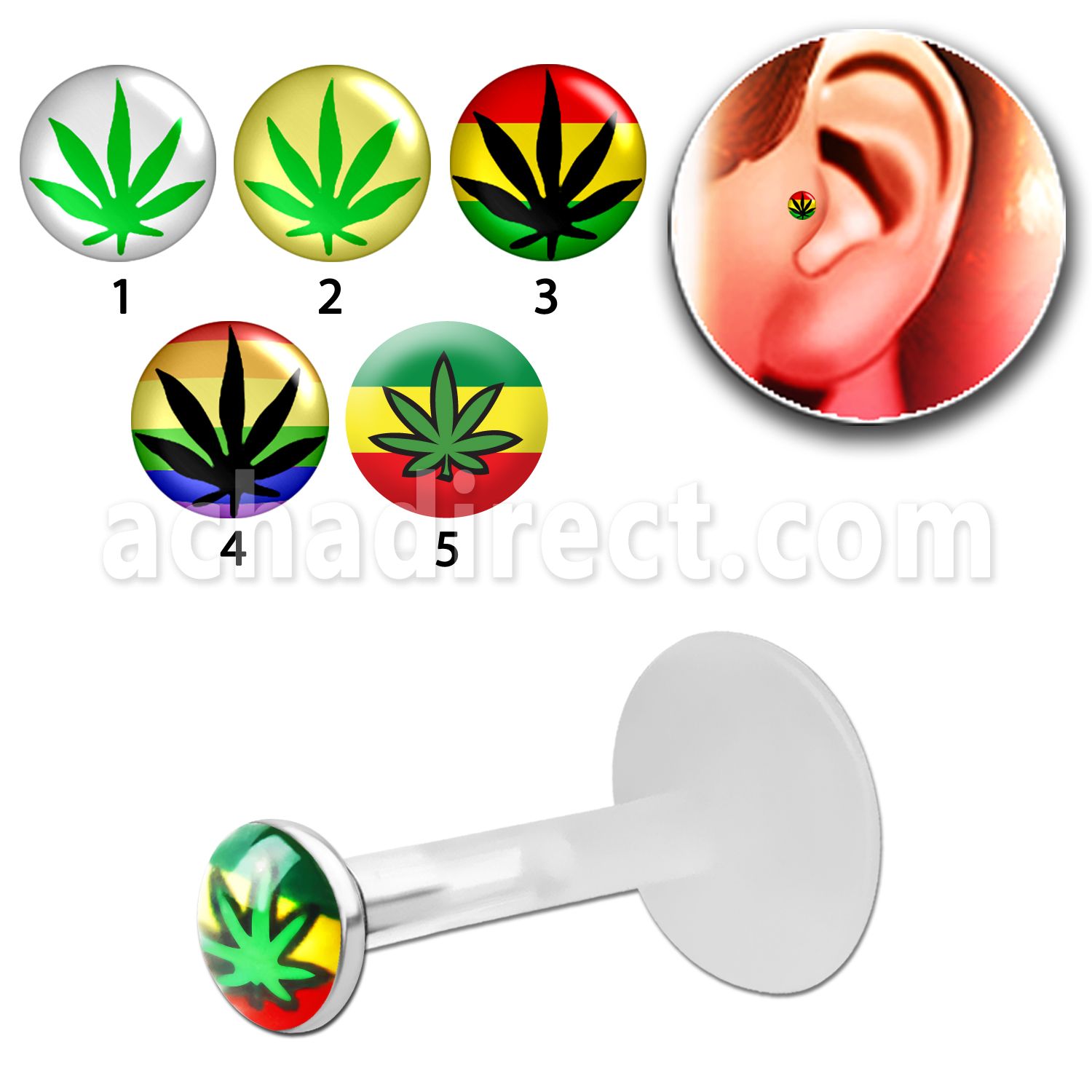 trgl5 bioflex tragus piercing w push in marijuana silver top