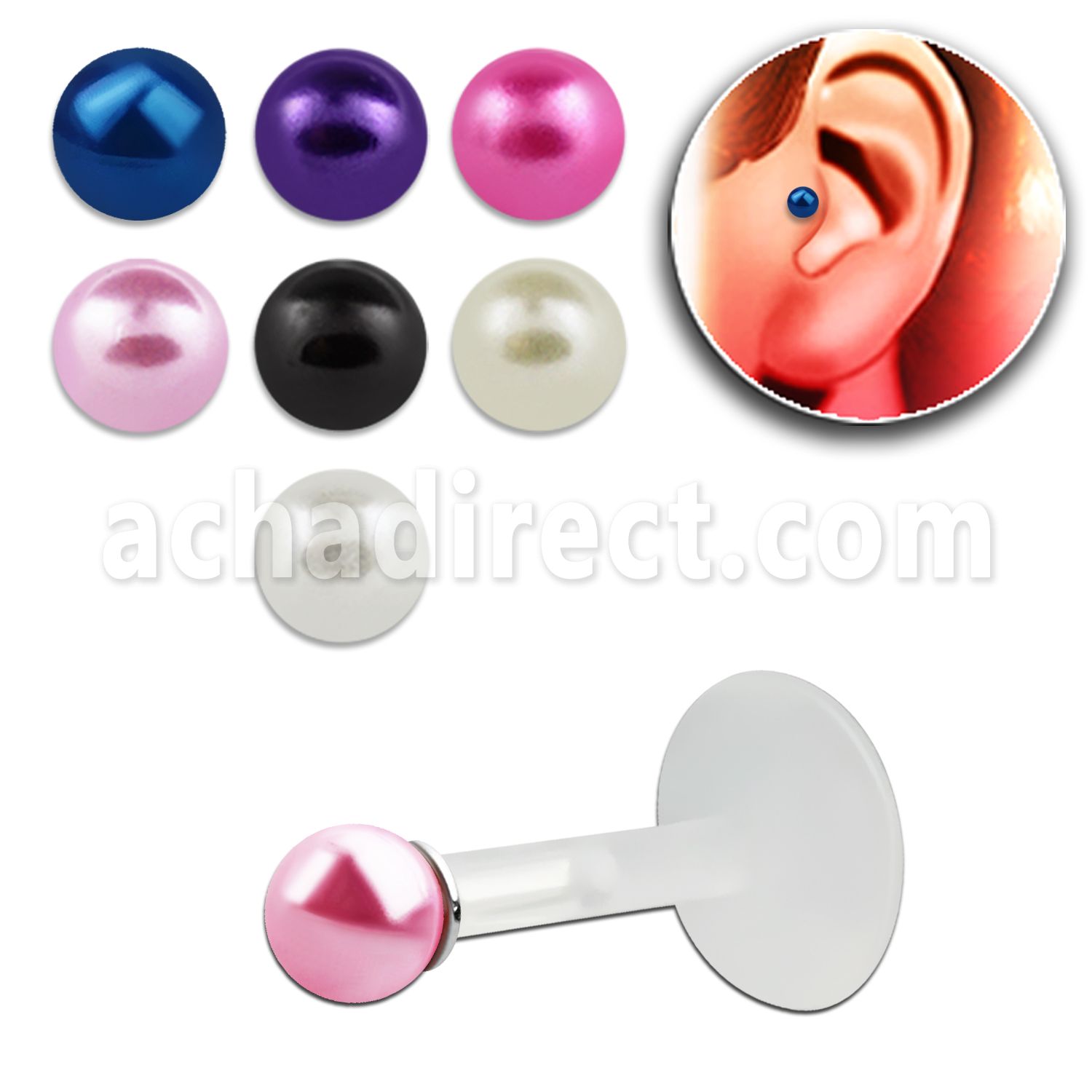trgs13 bioflex tragus piercing w silver top 3mm faux pearl ball