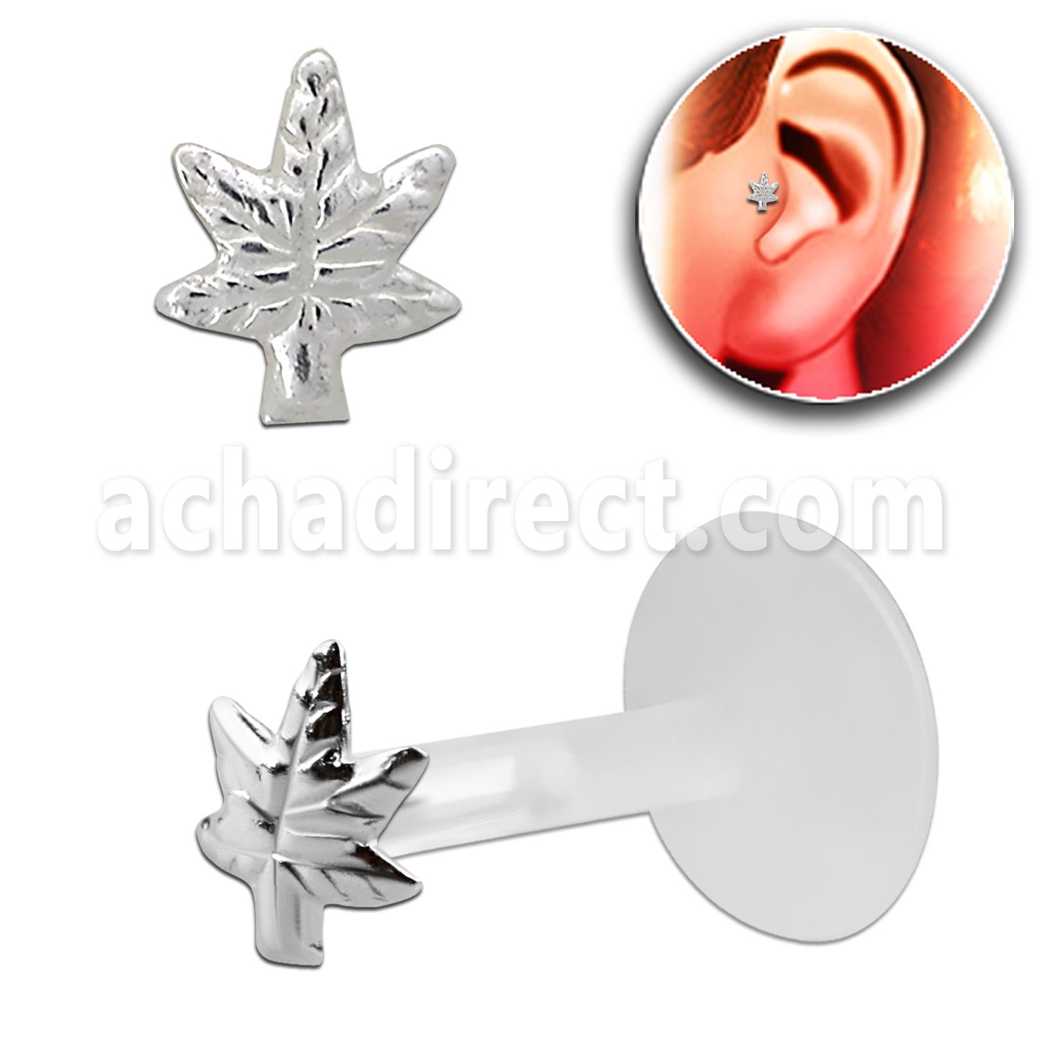 trgs1 bioflex tragus piercing w silver marijuana leaf top