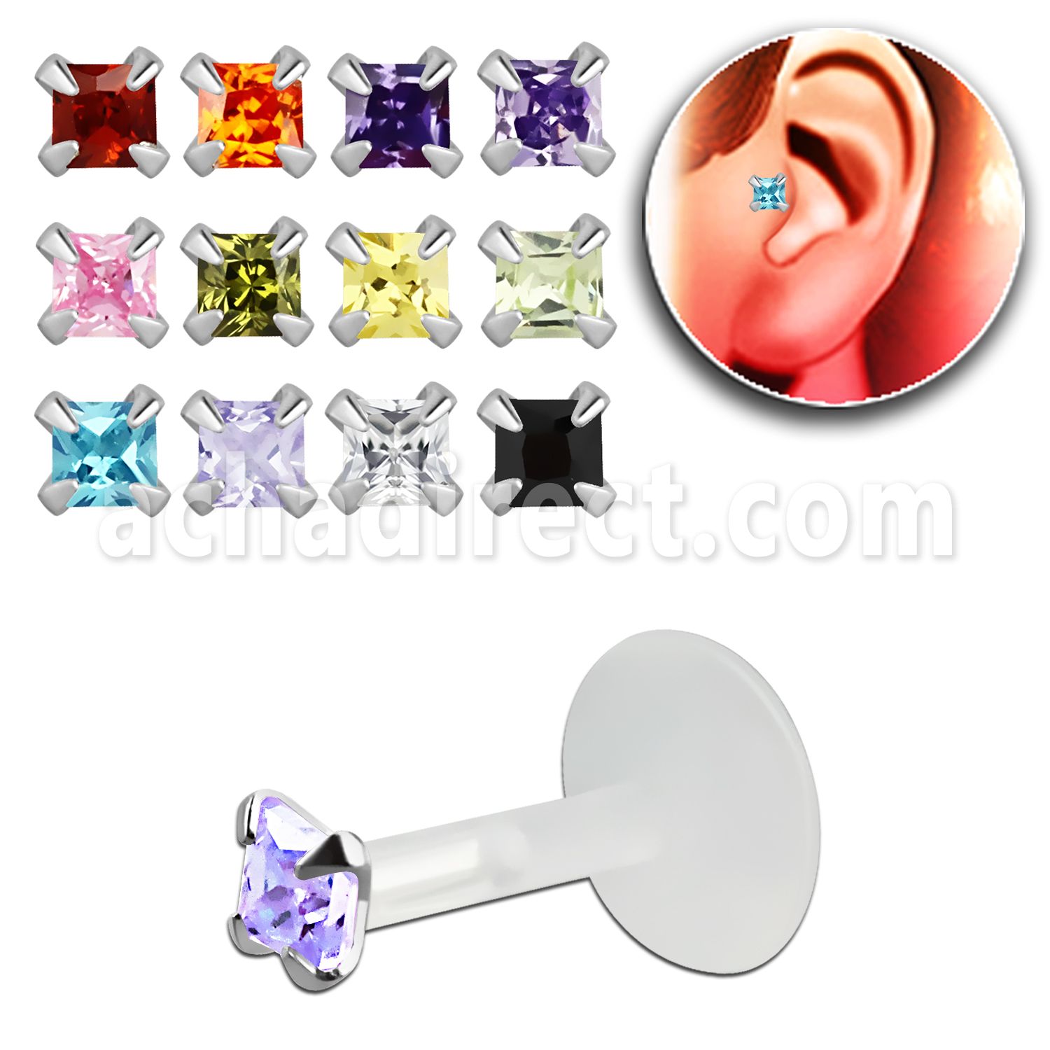 trgz5 bioflex tragus piercing w 3mm prong square cz silver top