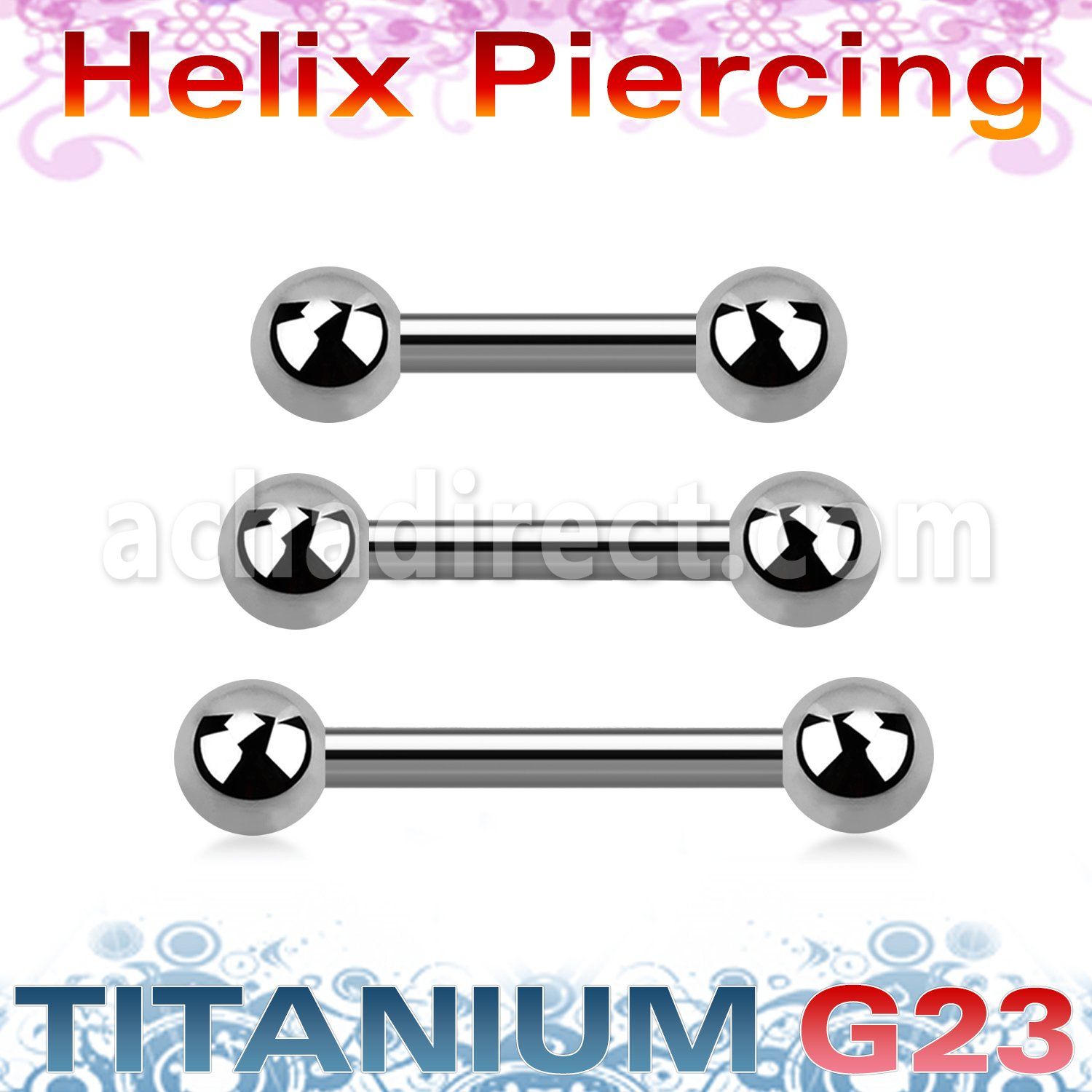 ubber31 titanium g23 helix barbell, 16g (1.2mm) w two 3mm balls