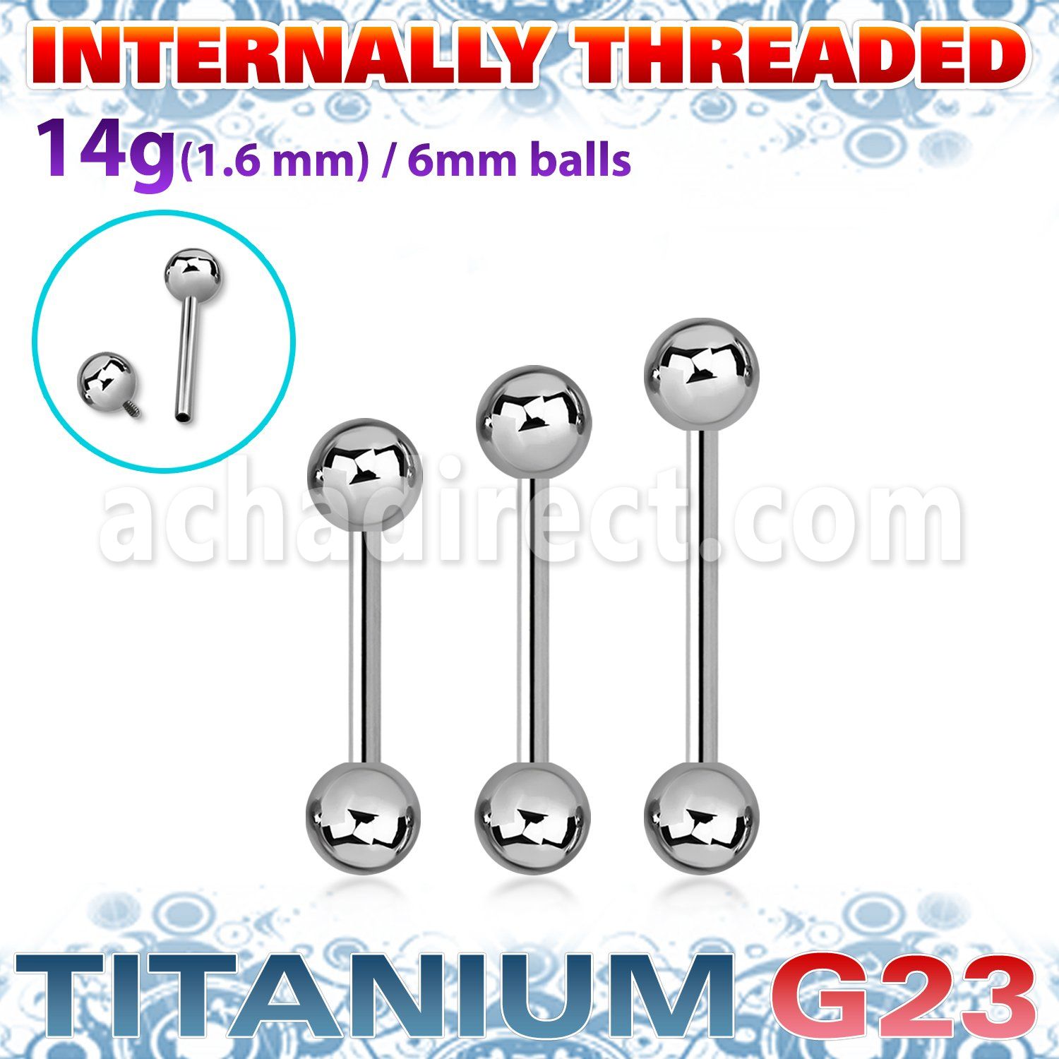 ubbgin titanium g23 tongue barbell 6mm internally threaded