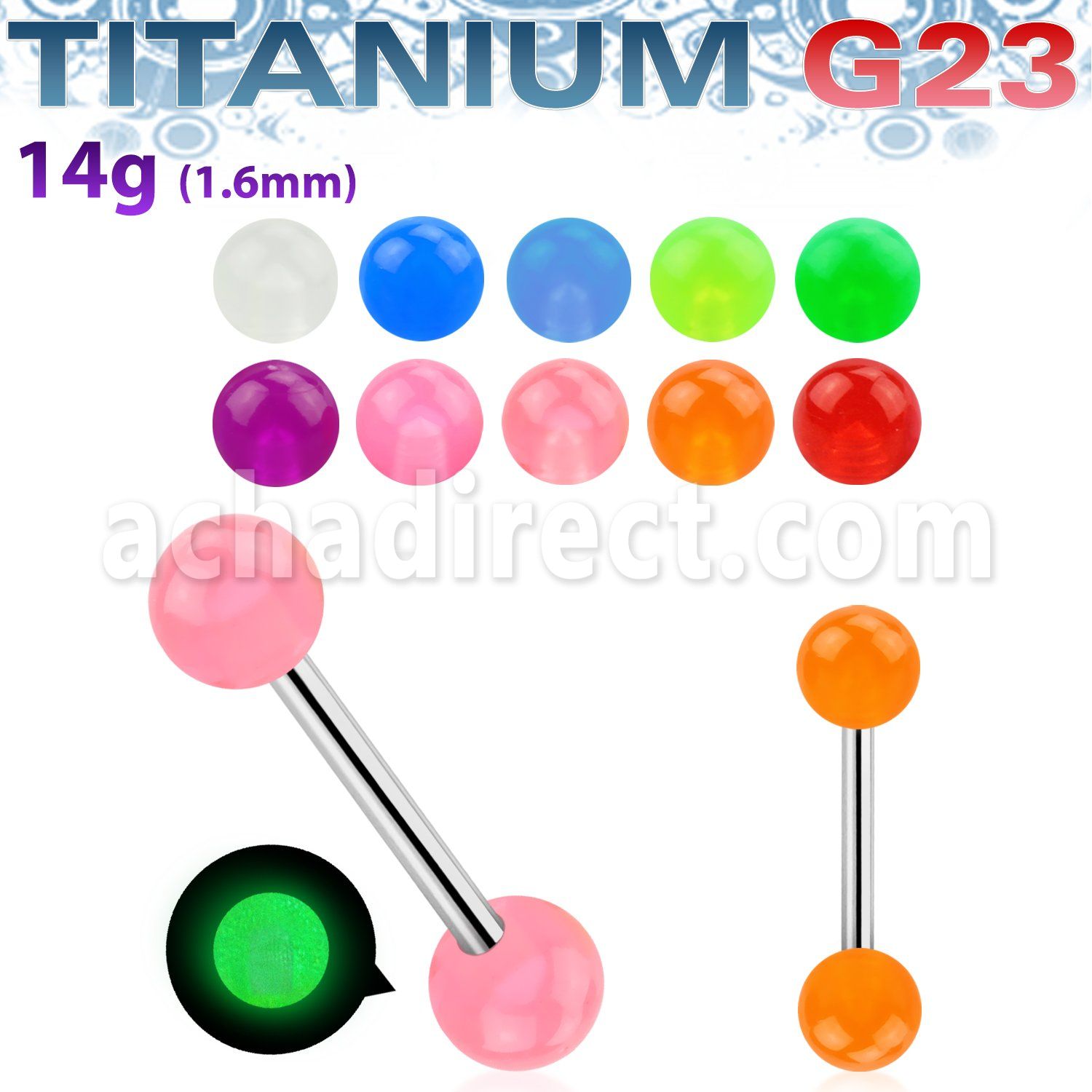 ubbgl titanium g23 tongue barbell w 6mm glow in the dark ball