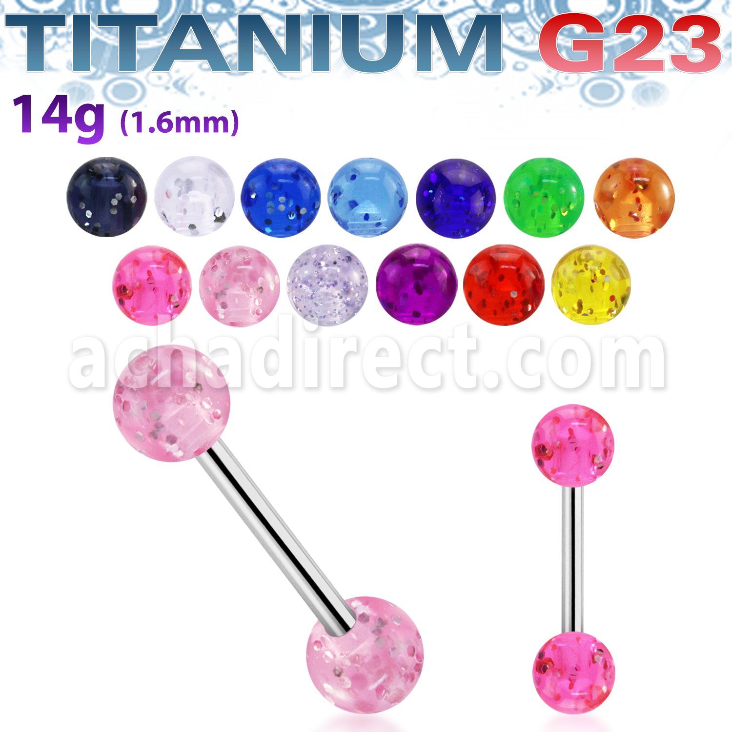 ubbgt titanium g23 tongue barbell w 6mm acrylic glitter ball