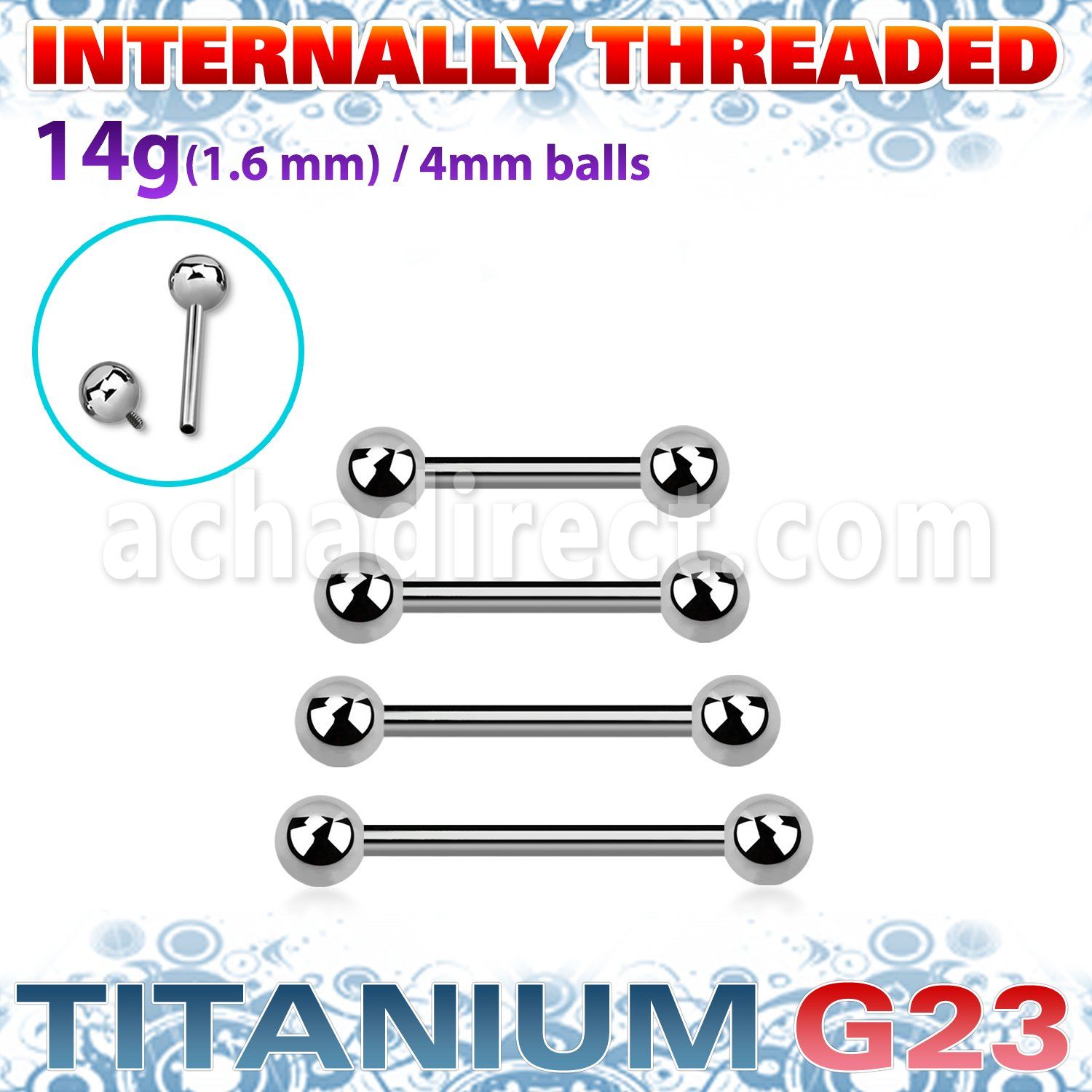ubbnpsin titanium g23 nipple barbell 4mm internally threaded