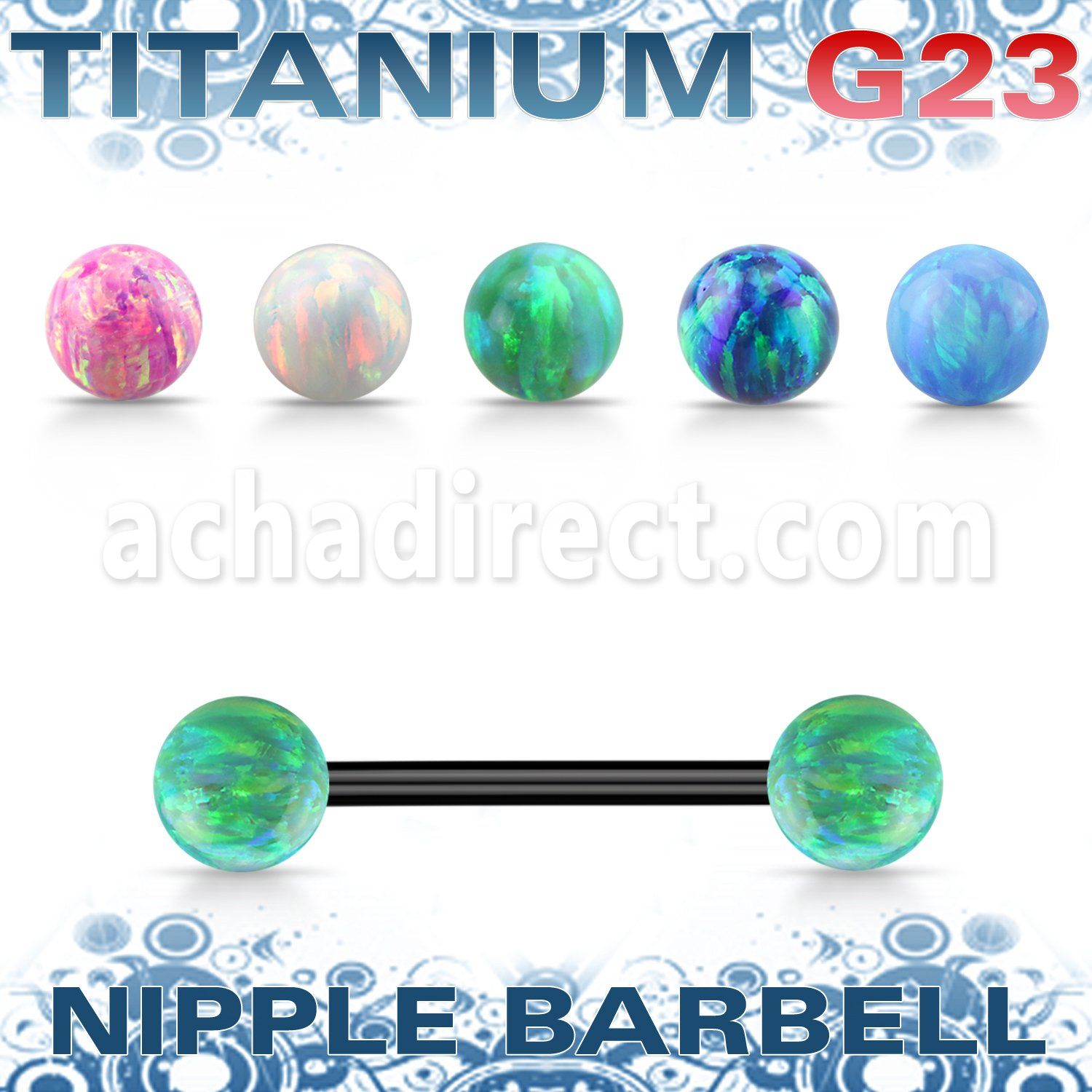 ubbt2om anodized titanium g23 steel nipple barbell w opal balls