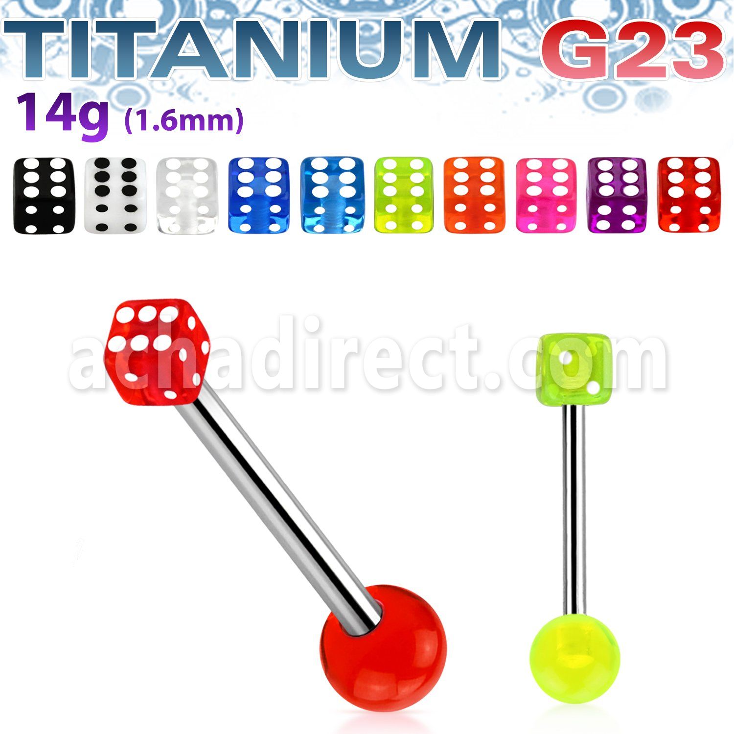 ubbvdi titanium g23 tongue barbell with a 5mm acrylic uv dice