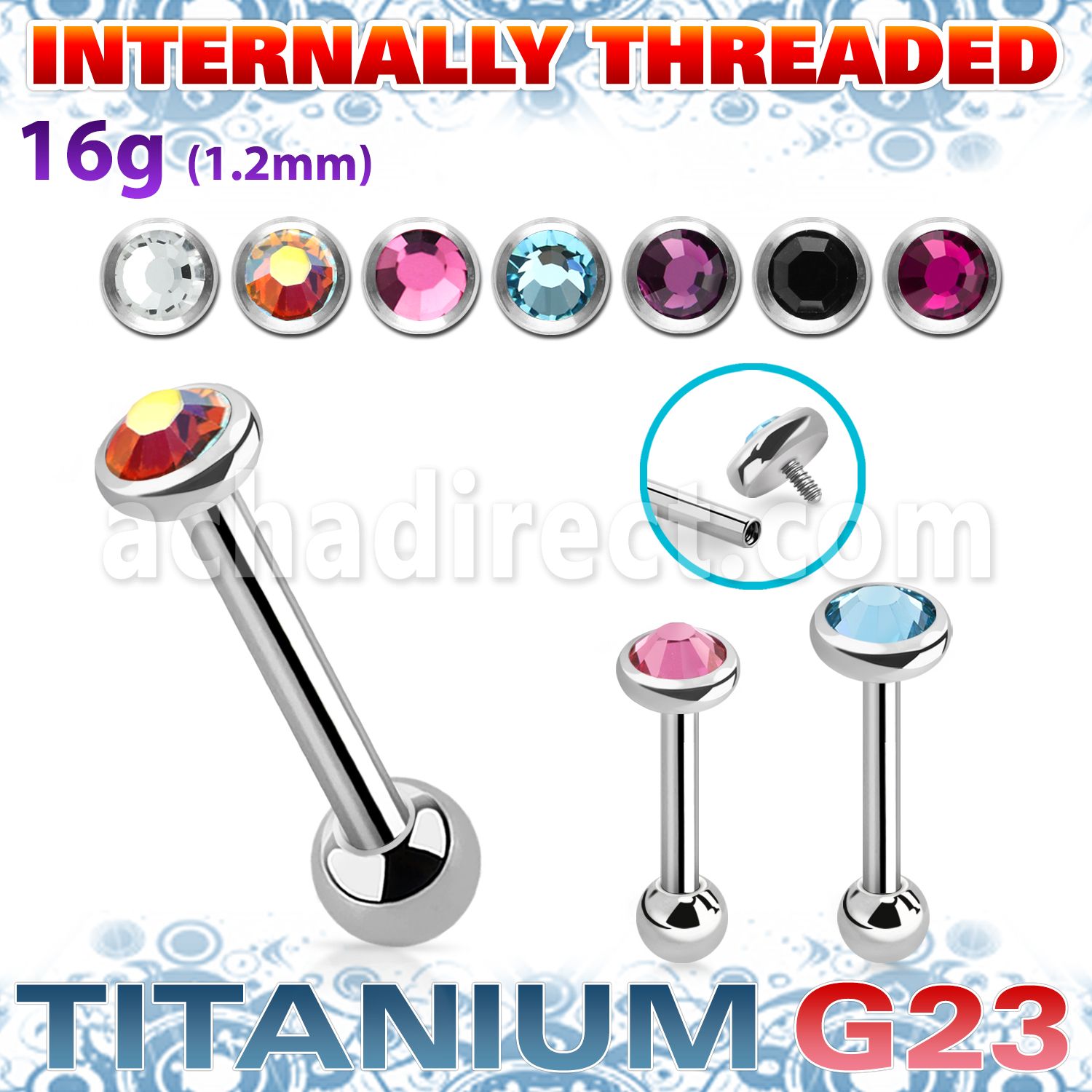 uhein11 titanium g23 internally threaded barbell 3to5 crystal