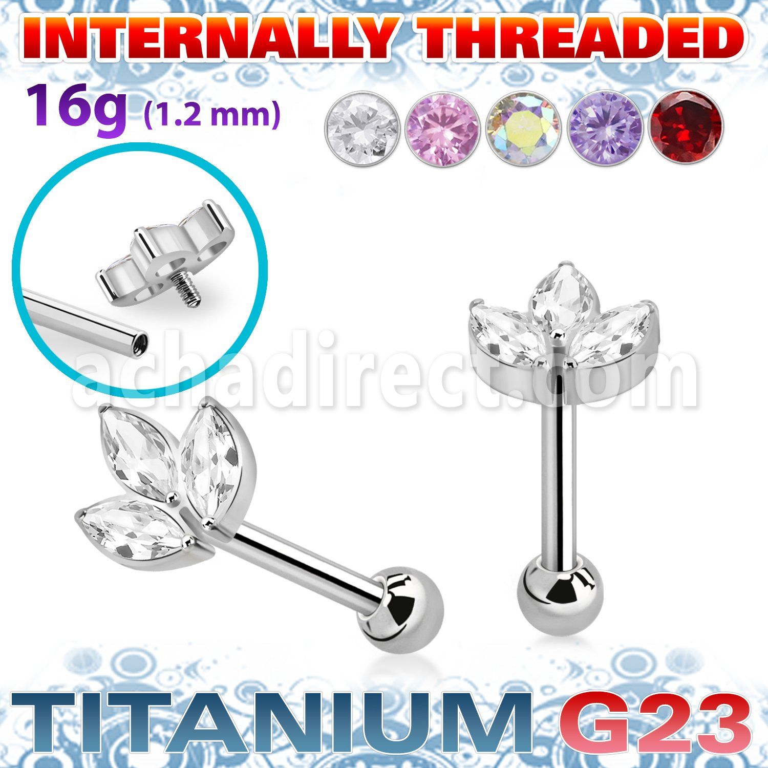 uhein30 titanium g23 barbell leaf marquise cz ball internal