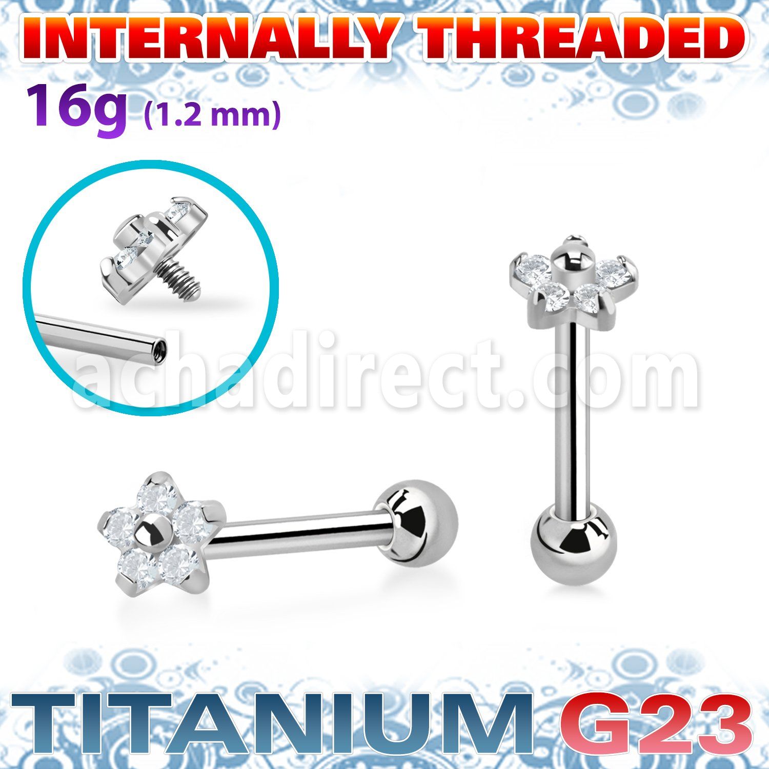 uhein54 titanium barbell 16g flower cz ball internal