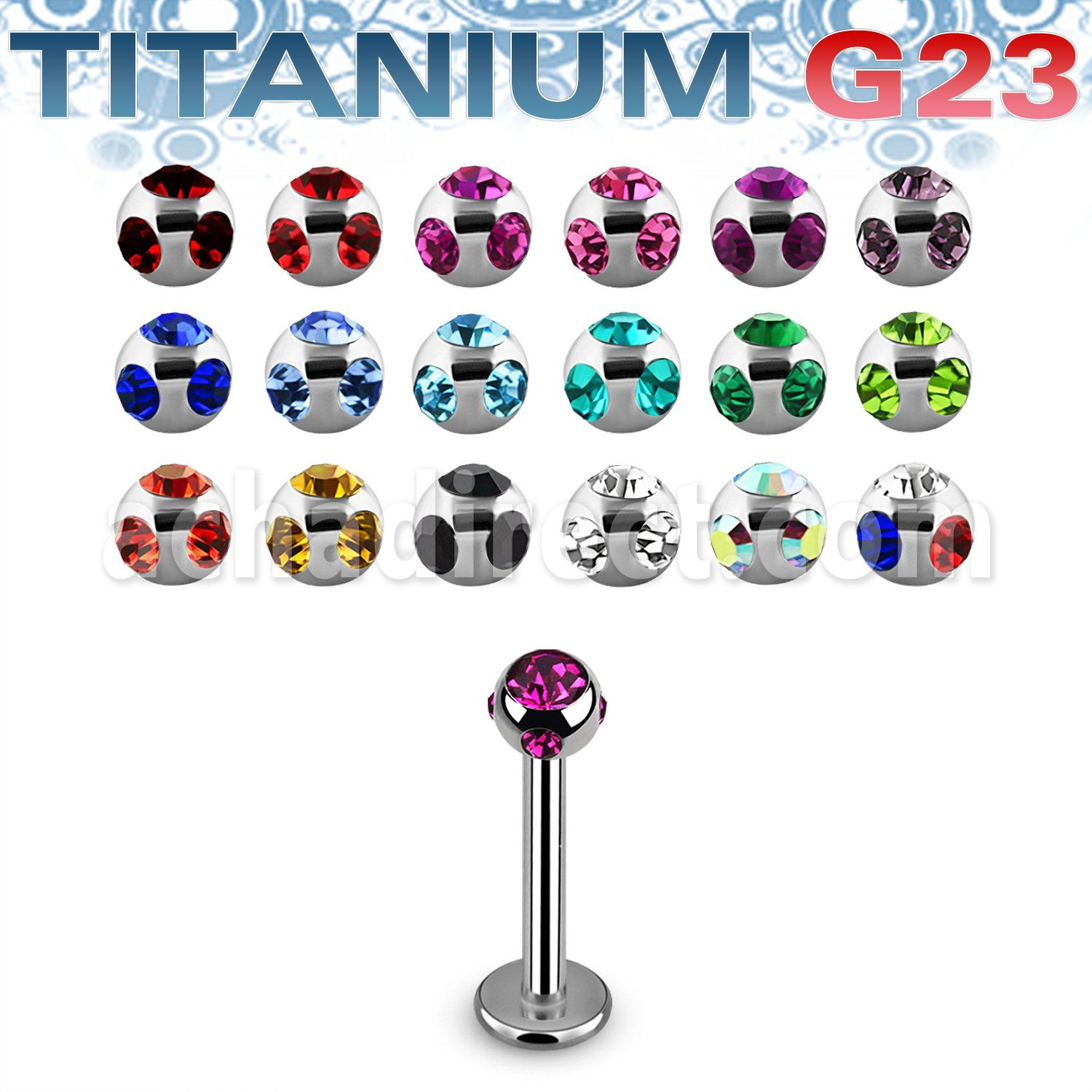 ulbca high polished titanium g23 labret 3mm multi jewel ball
