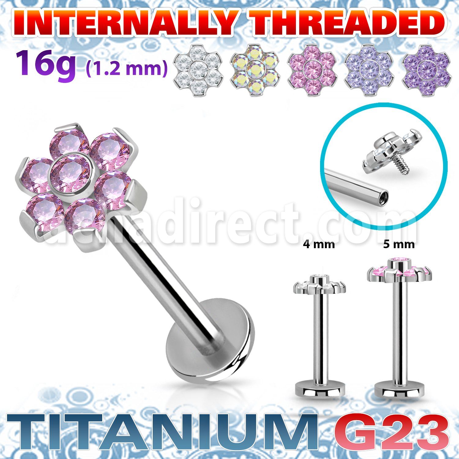 ulbin10 titanium g23 internally threaded labret 7 cz