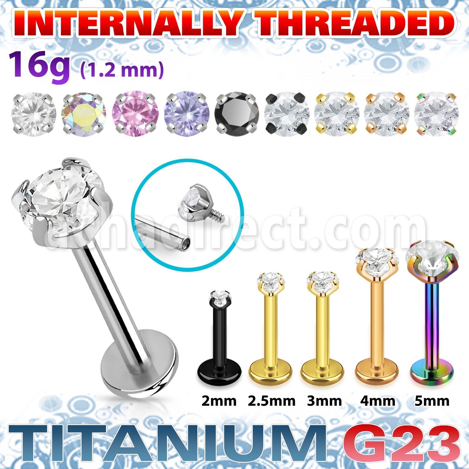 ulbin12 titanium g23 internally threaded labret 3 5 color cz