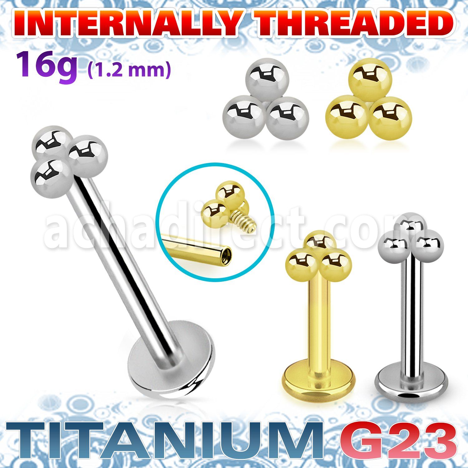 ulbin14 titanium g23 internally threaded labret triple balls