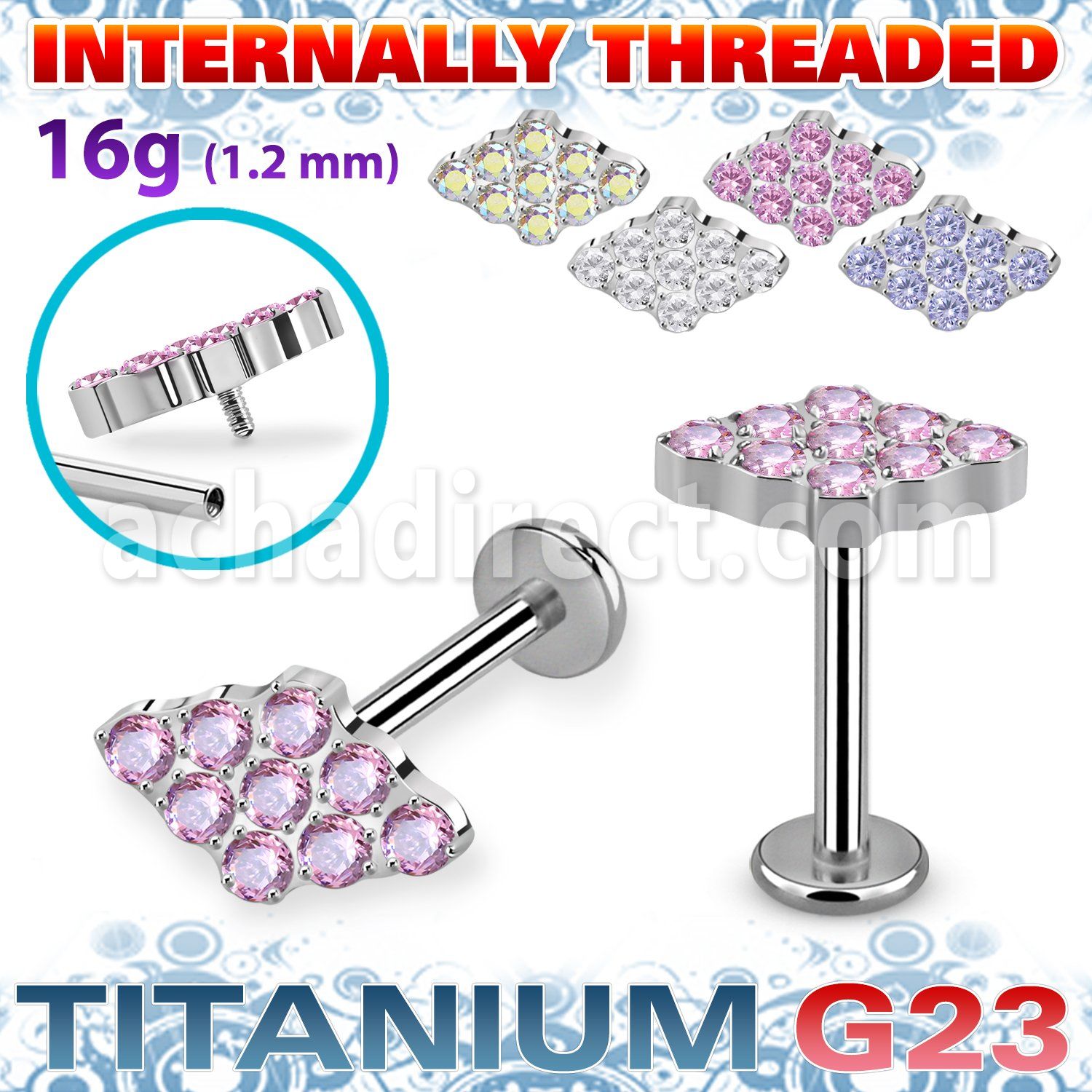 ulbin25 titanium g23 labret cz diamond shape cnc internal