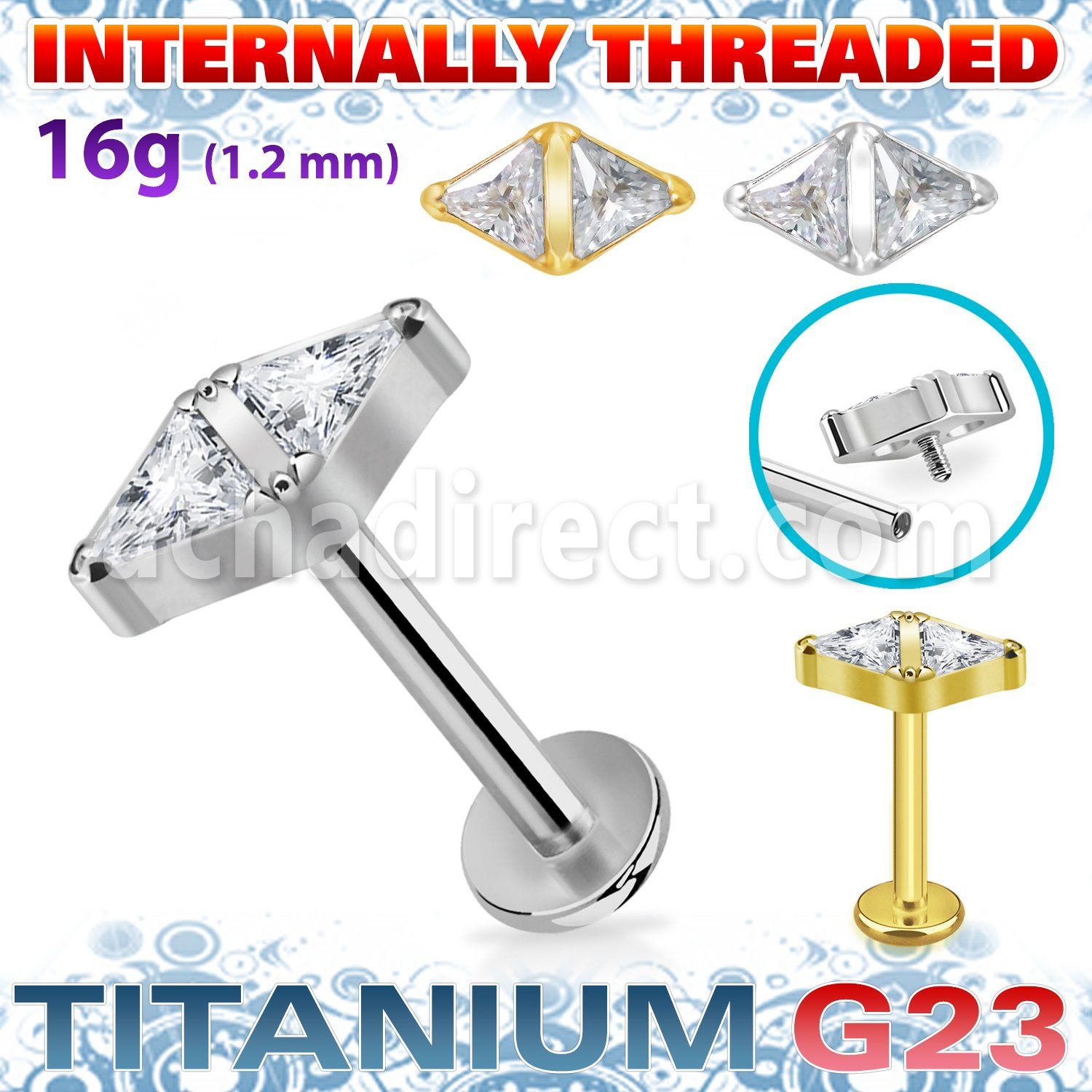 ulbin32 titanium g23 labret 16g double triangle cz internal