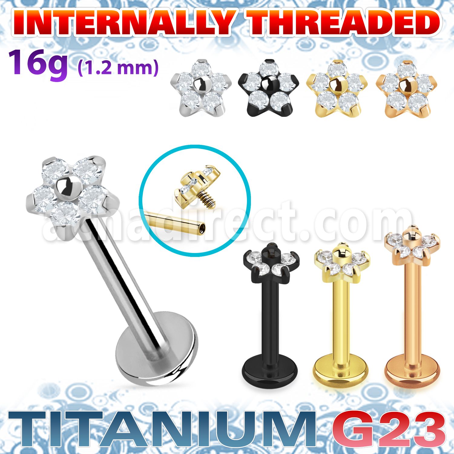 ulbin54 titanium g23 labret 16g flower top five cz internal