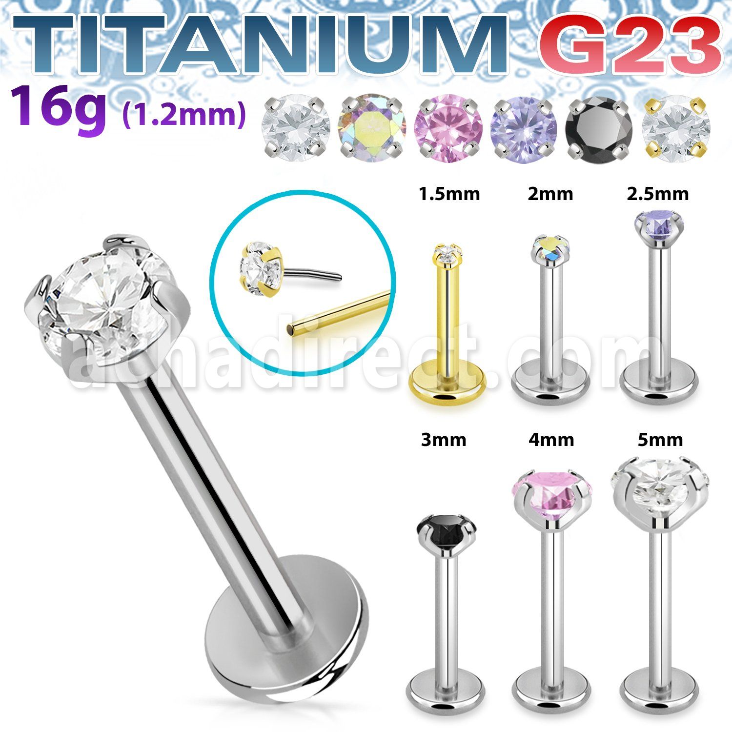 ulbpibpz16 titanium g23 labret 16g threadless push pin top