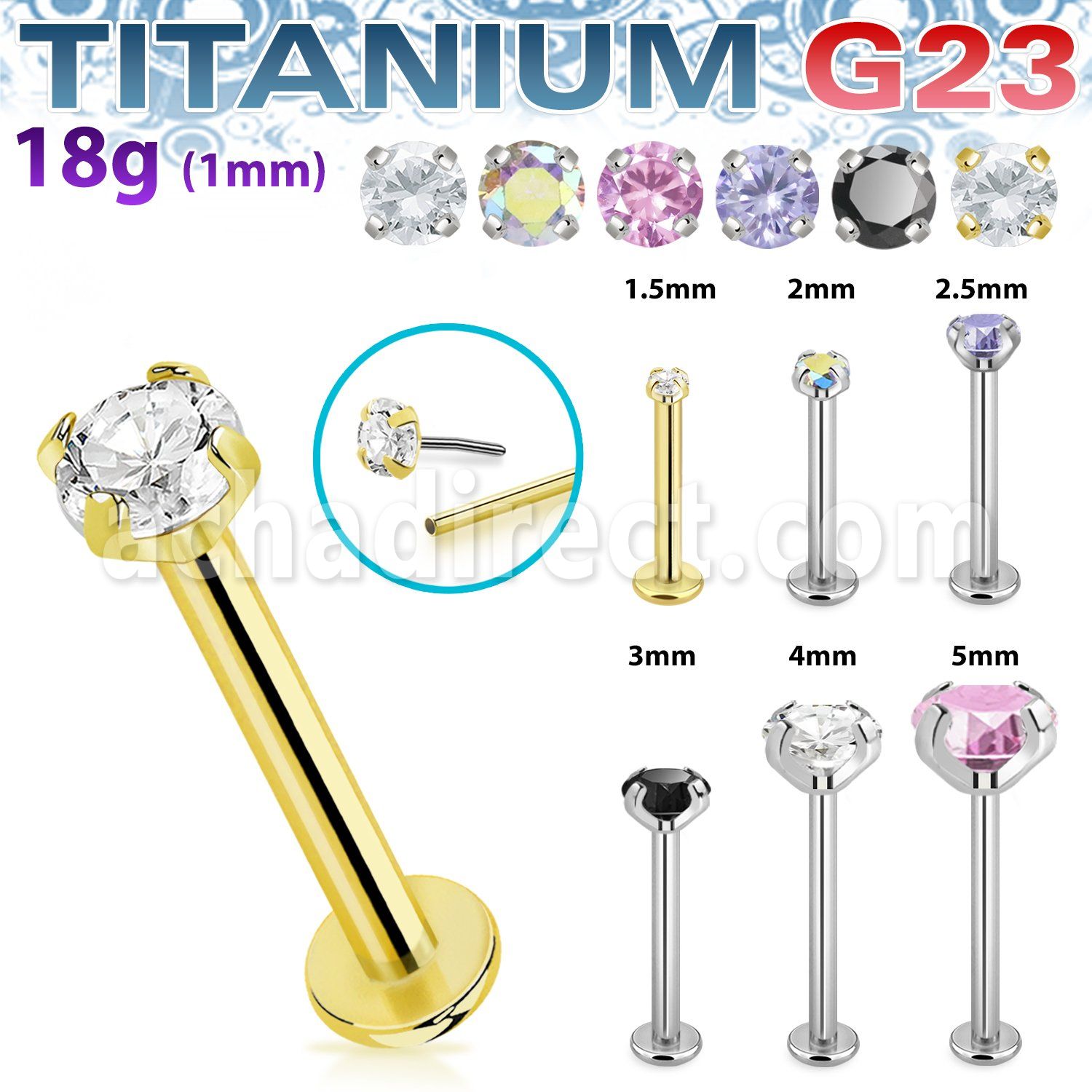 ulbpispz18 titanium g23 labret 18g threadless push pin top