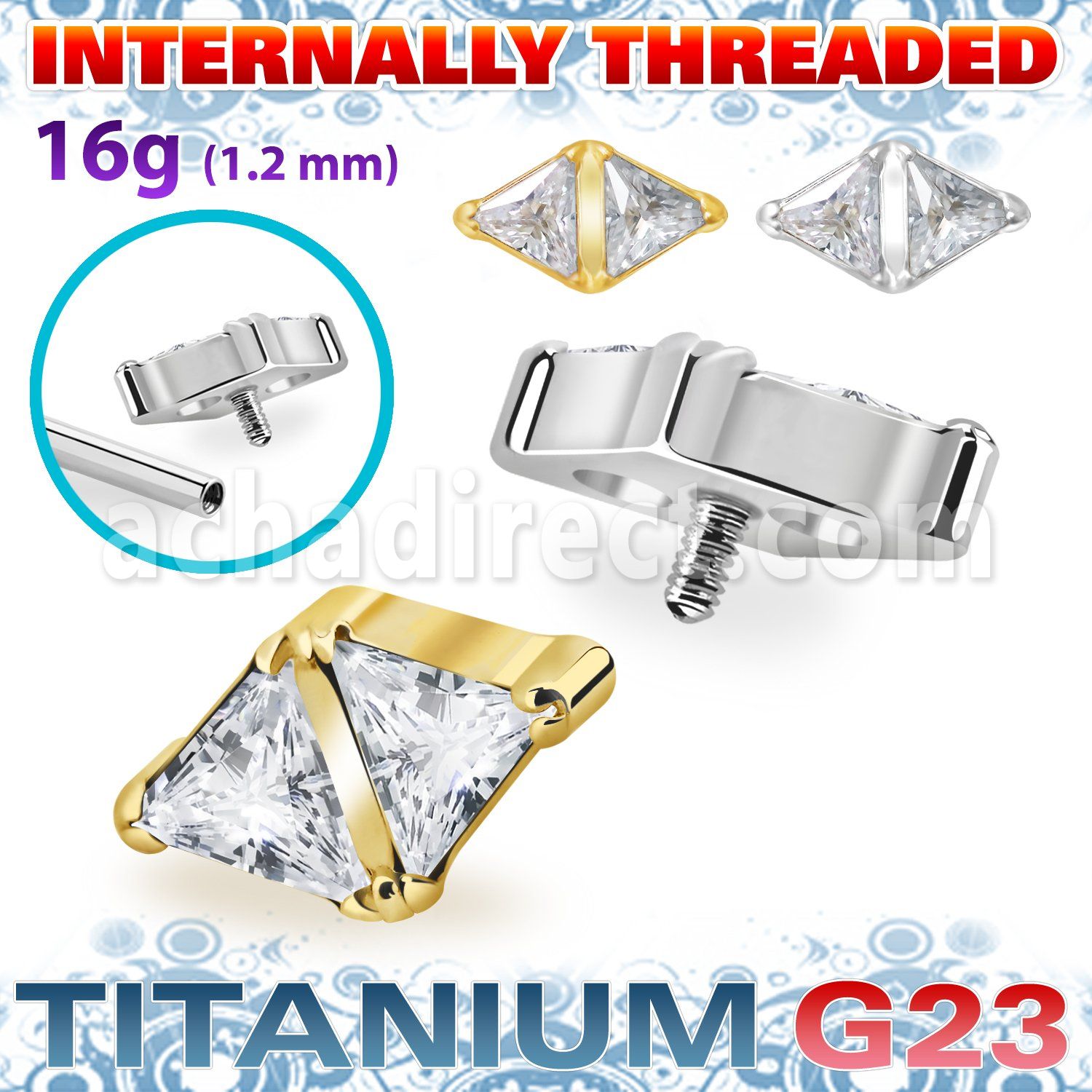 ushz32in high polished titanium g23 top double triangle cz