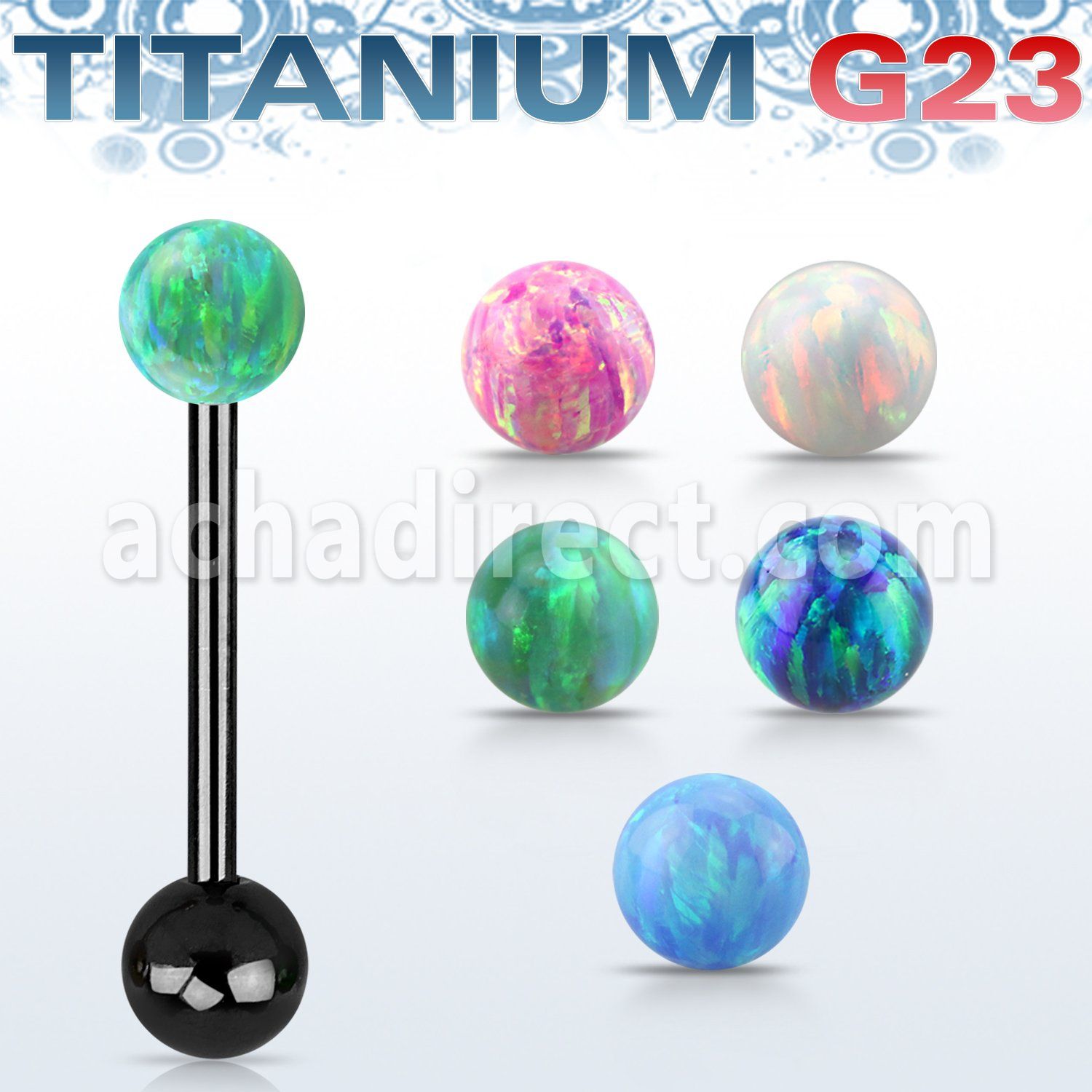 utbbop5 anodized titanium g23 tongue barbell w 5mm opal ball