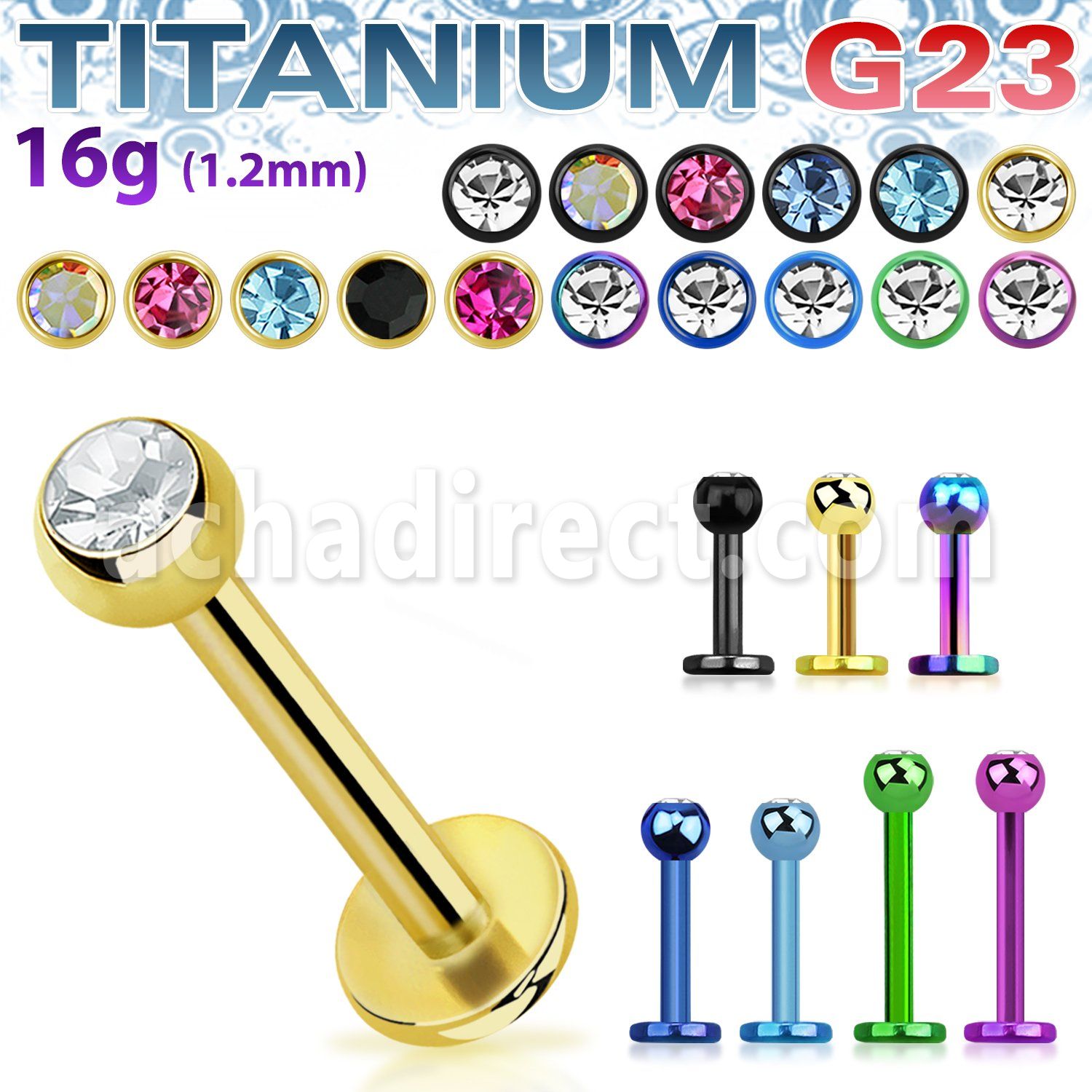 utlbc3 anodized titanium g23 labret with 3mm jewel ball