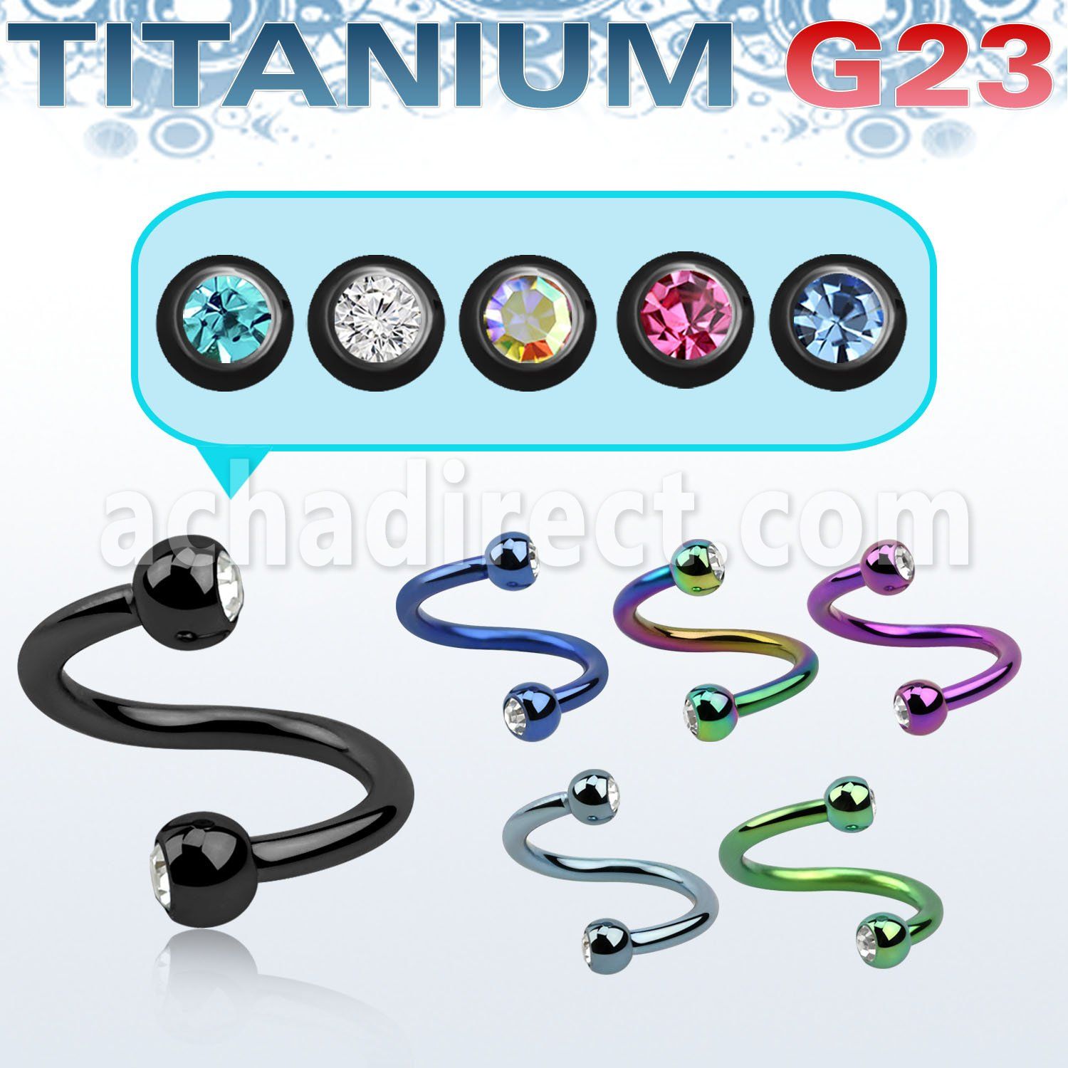 utspe2c anodized titanium g23 spiral w 3mm bezel set jewel balls