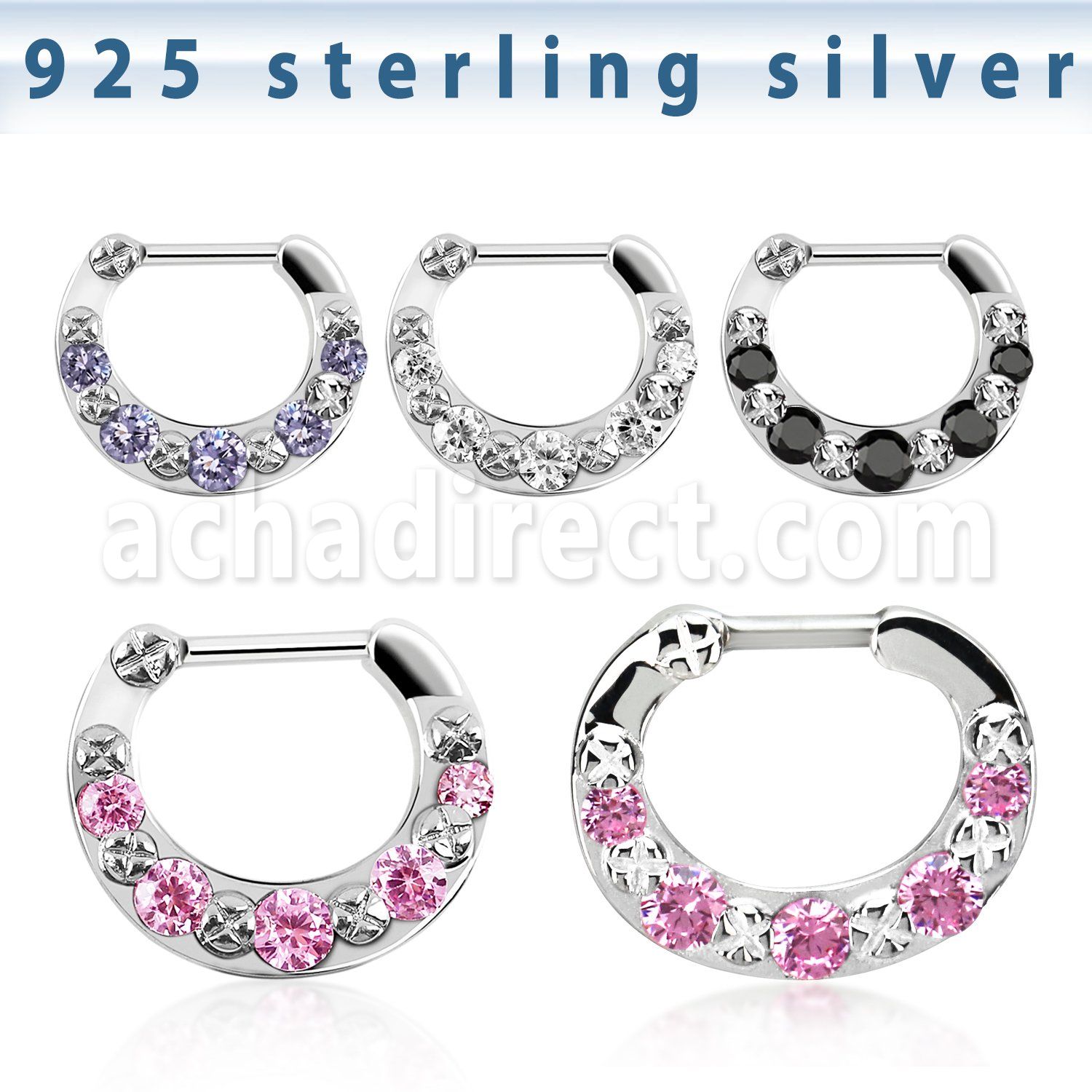 vsepg16 925 silver septum clicker 1.6mm w 5 cz stones