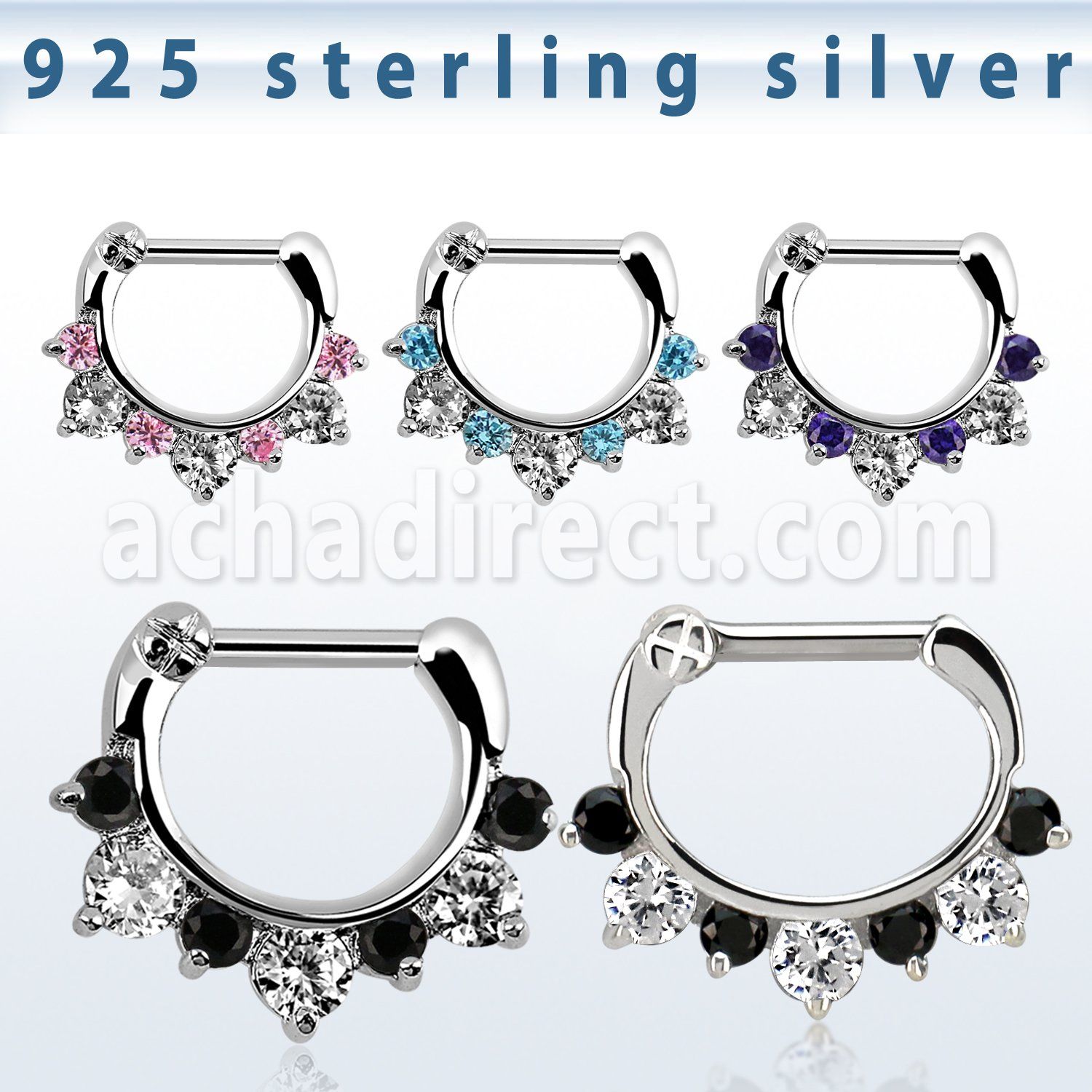 vsephx14 925 silver septum clicker 1.2mm 3 big 4 small cz stone