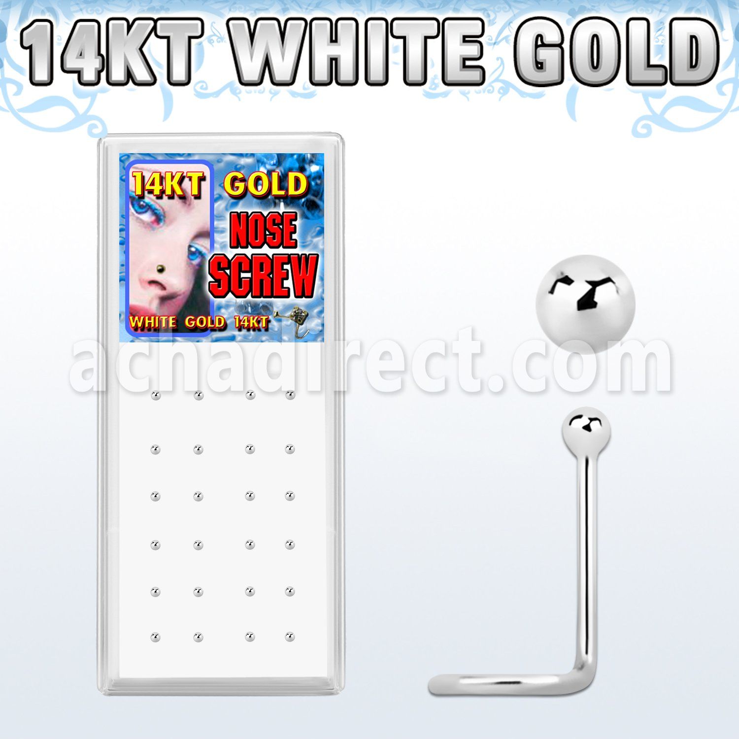 wgscb box of 14kt white gold nose screws w white gold balls