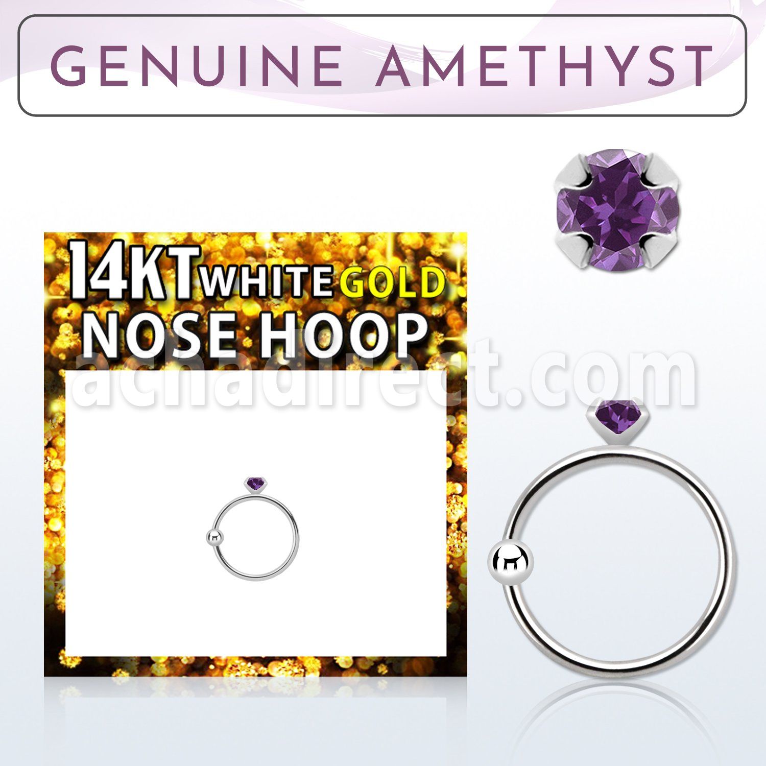 whge1 14kt white gold nose hoop w 2mm prong set amethyst stone