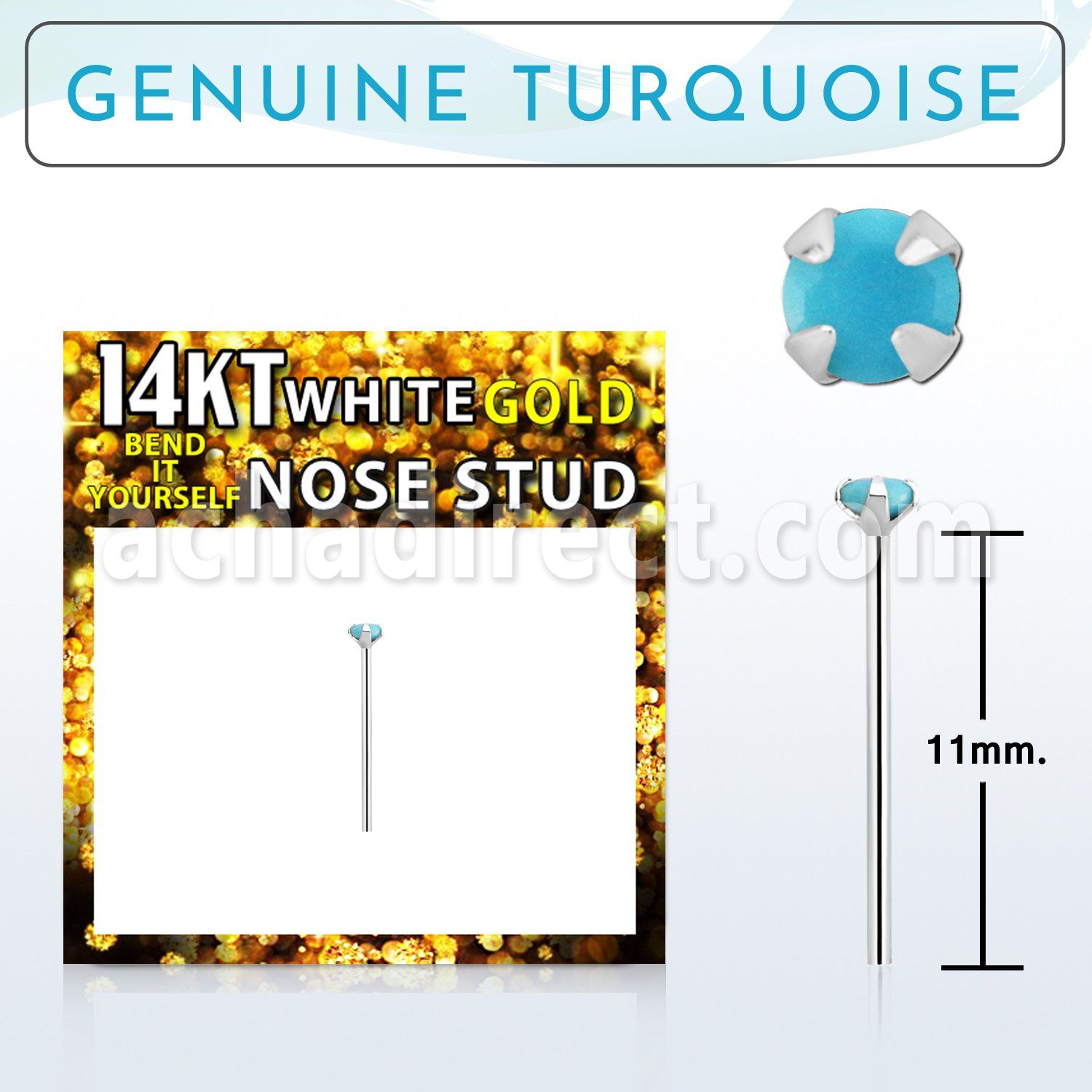 wyge7 14kt white gold bend it nose stud w 2mm turquoise