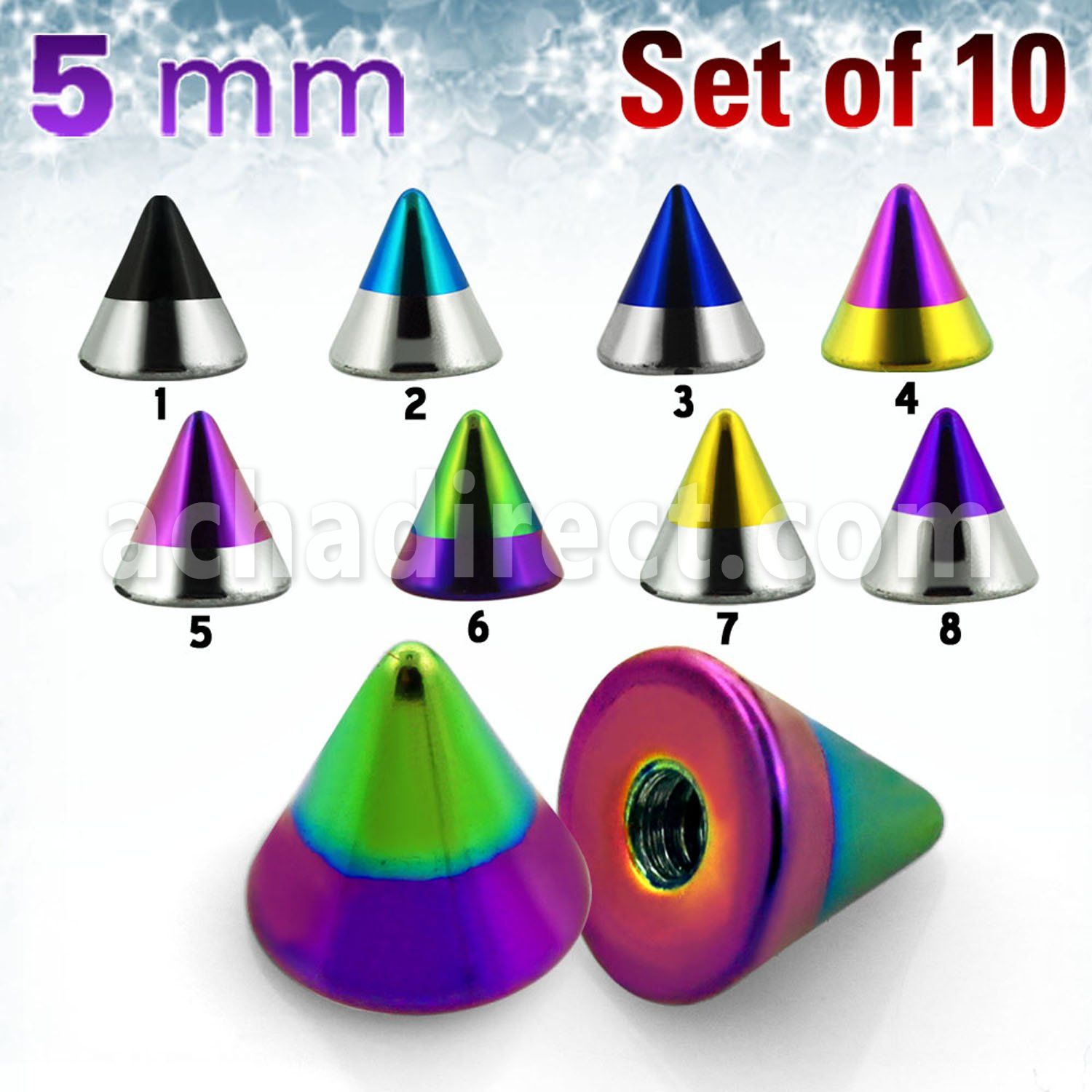 xcnmt5 pack of 5mm zebra striped pvd plated 316l steel cones
